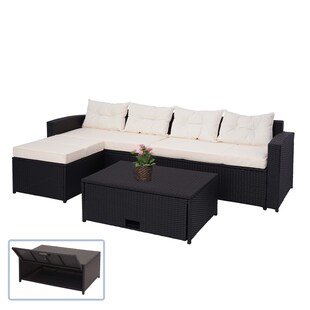 Poly-Rattan Garnitur MCW-J34, Balkon-/Garten-/Lounge-Set Sitzgruppe Sofa, Staufach ~ schwarz, Kissen creme-beige 