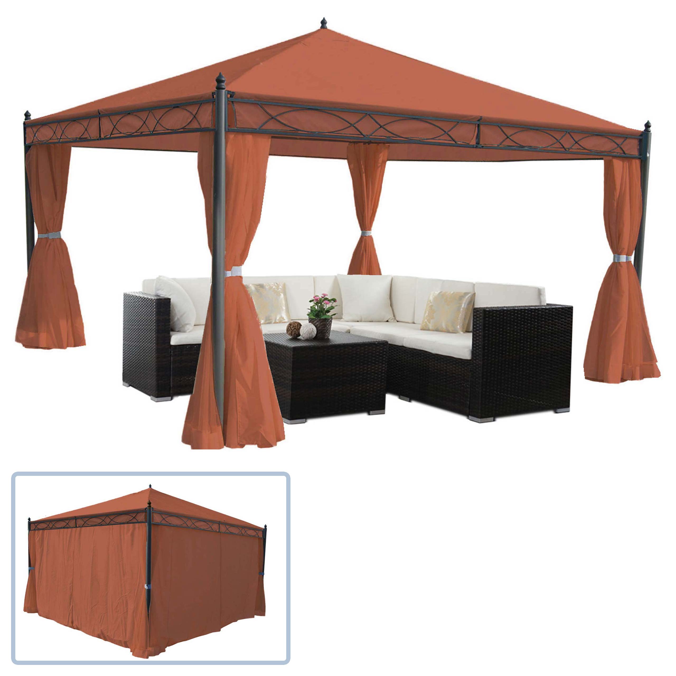 Pergola Calpe, Garten Pavillon, stabiles 7cm-Gestell mit Seitenwand ~ terracotta-braun 4x4m 