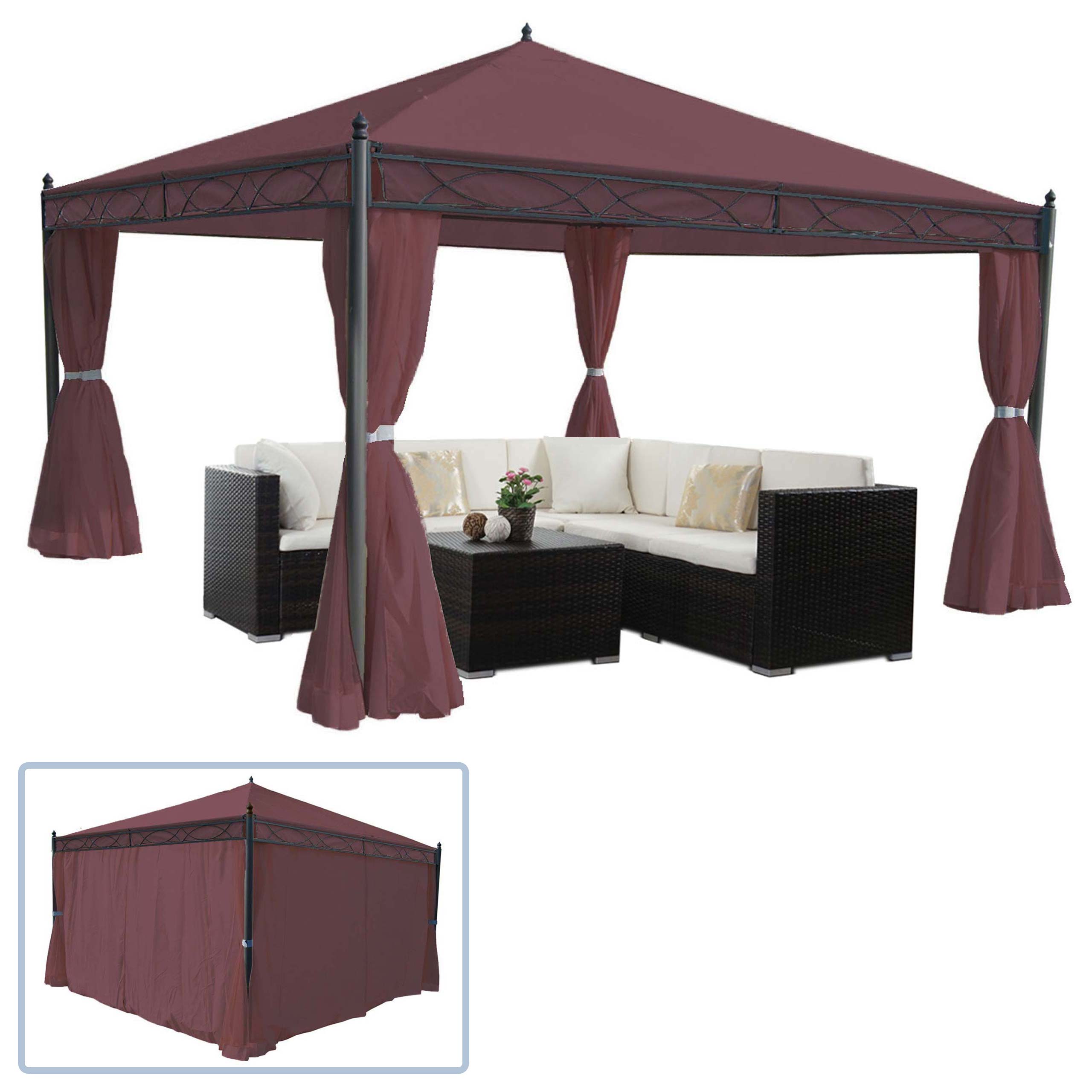 Pergola Calpe, Garten Pavillon, stabiles 7cm-Gestell mit Seitenwand ~ rot-braun 4x4m 