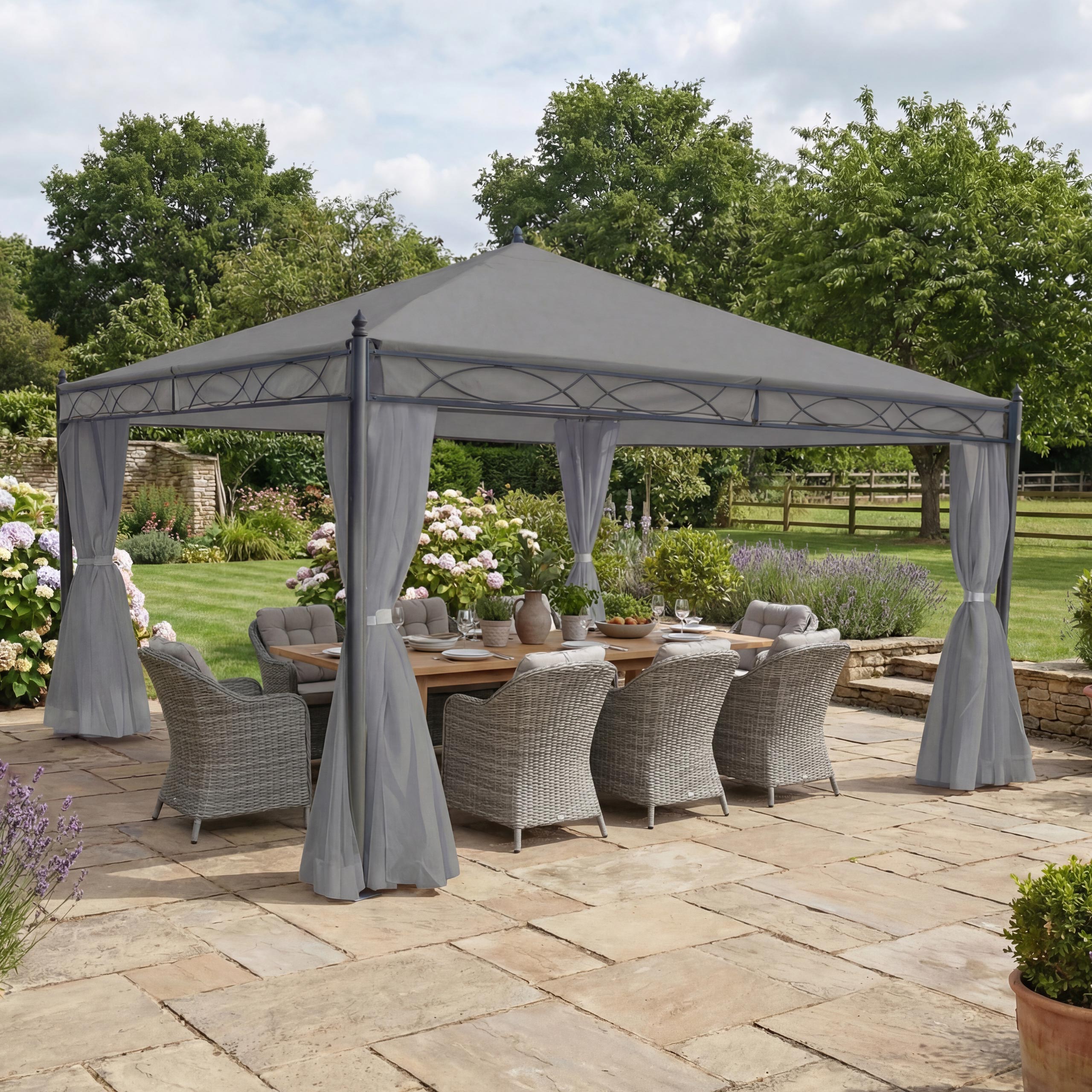 Pergola Calpe, Garten Pavillon, stabiles 7cm-Gestell mit Seitenwand ~ hellgrau 4x4m 