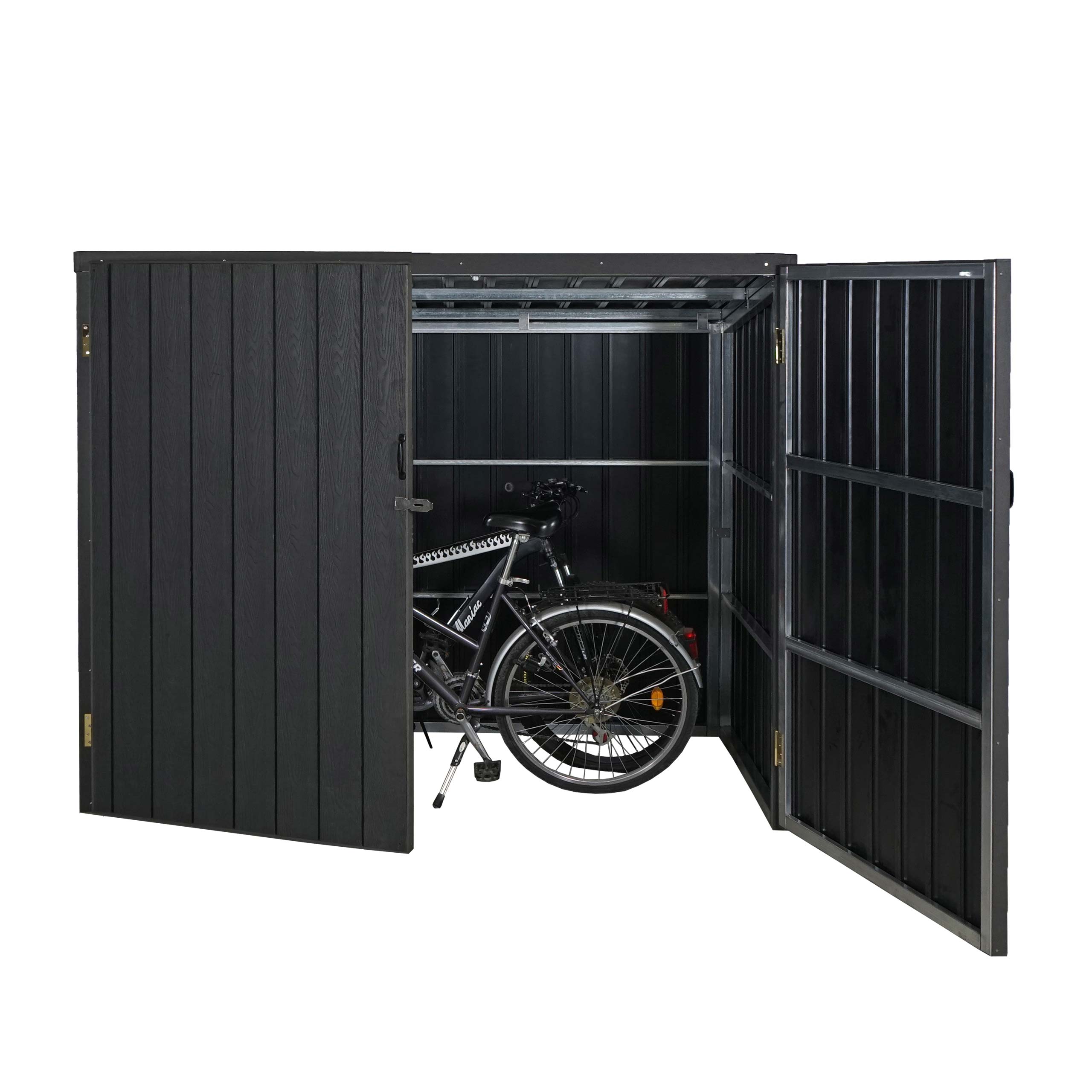 WPC-Fahrradgarage MCW-J29, Ger&auml;teschuppen Fahrradbox, Metall Holzoptik abschlie&szlig;bar ~ 2 R&auml;der 172x213x112cm anthrazit 