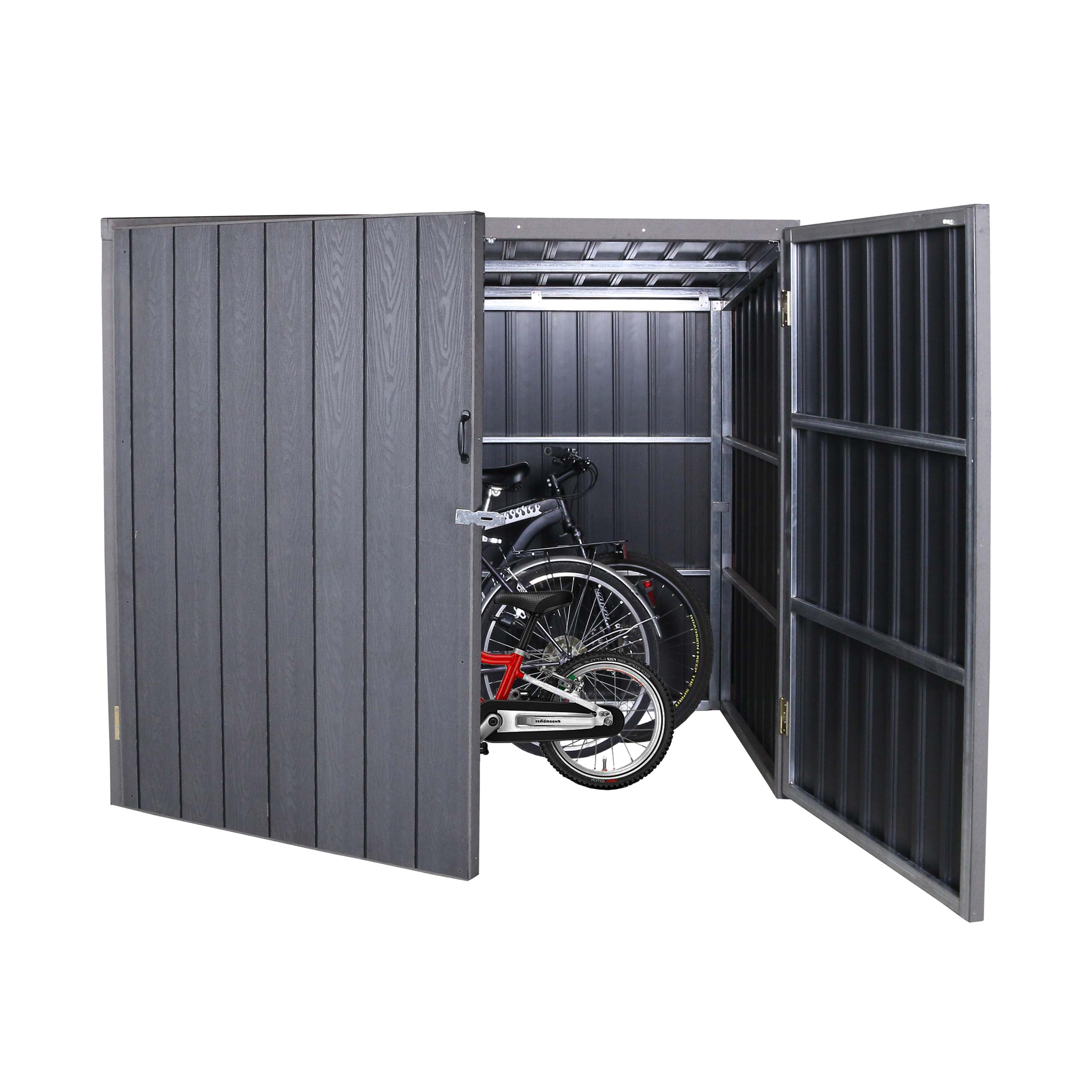 WPC-Fahrradgarage MCW-J29, Ger&auml;teschuppen Fahrradbox, Metall Holzoptik abschlie&szlig;bar ~ 4 R&auml;der 172x213x160cm grau 