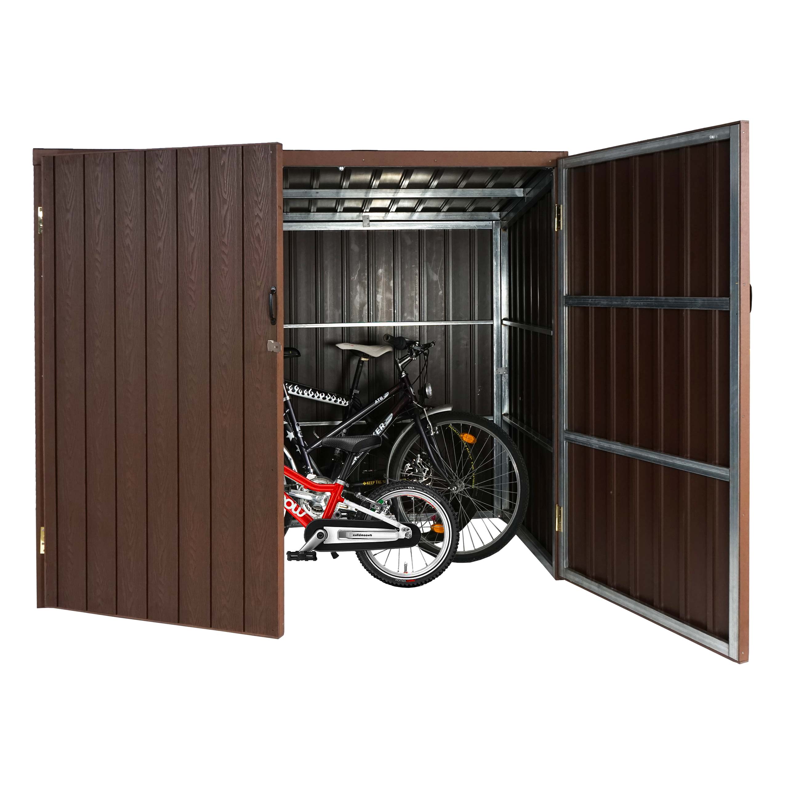 WPC-Fahrradgarage MCW-J29, Ger&auml;teschuppen Fahrradbox, Metall Holzoptik abschlie&szlig;bar ~ 4 R&auml;der 172x213x160cm braun 