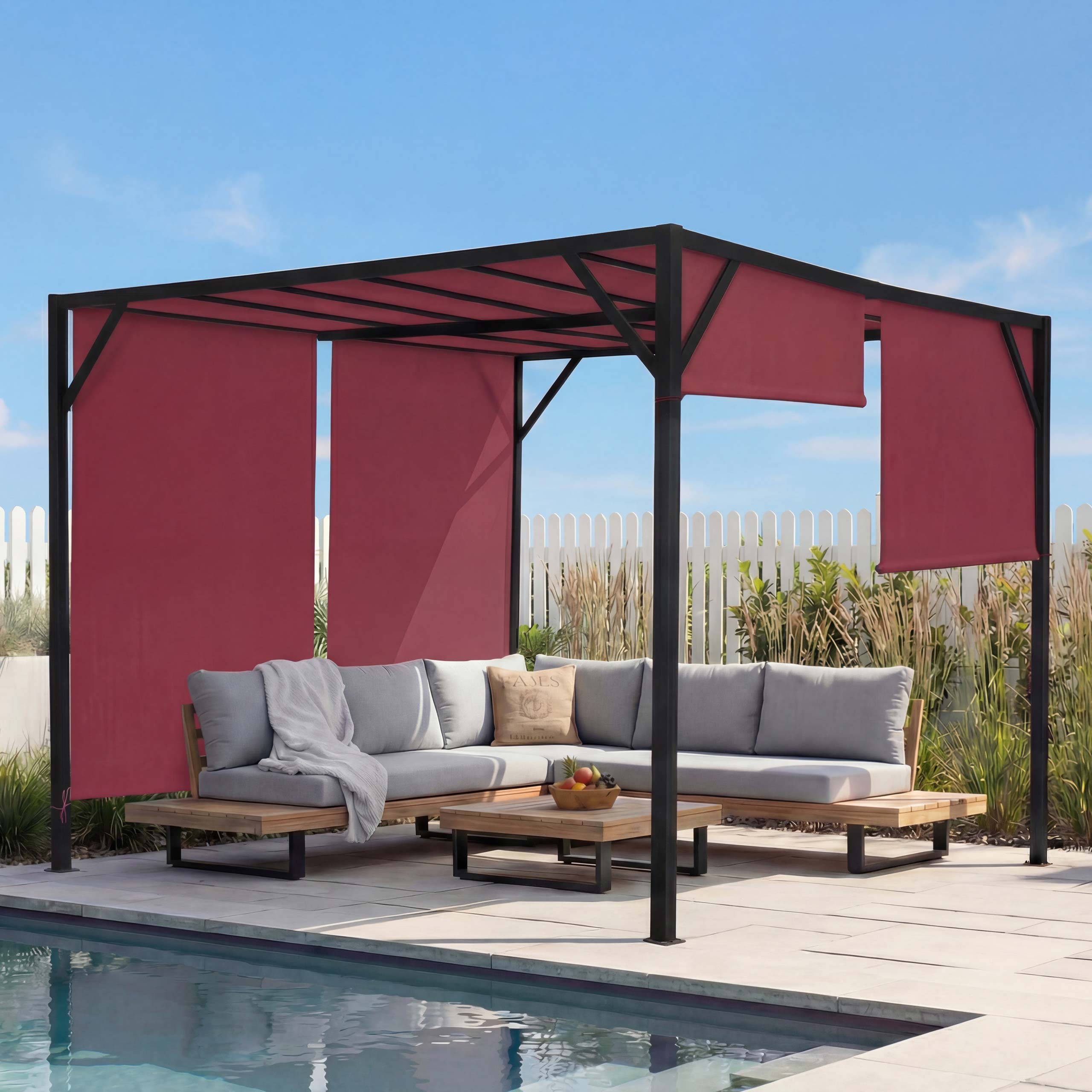 Pergola Beja, Garten Pavillon Terrassen&uuml;berdachung, stabiles 6cm-Stahl-Gestell + Schiebedach bordeaux-rot ~ 3x3m 