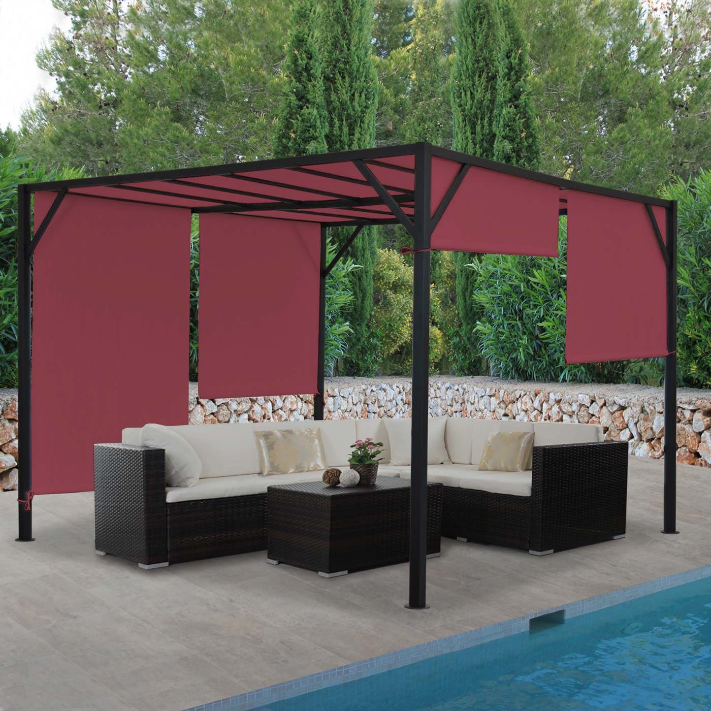 Pergola Beja, Garten Pavillon Terrassen&uuml;berdachung, stabiles 6cm-Stahl-Gestell + Schiebedach bordeaux-rot ~ 3x4m 