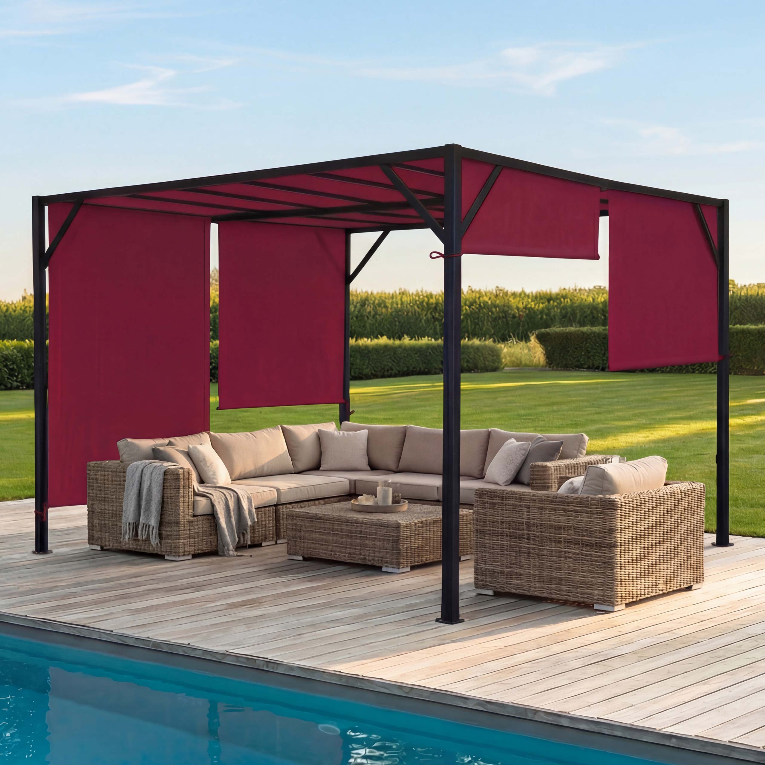 Pergola Beja, Garten Pavillon Terrassen&uuml;berdachung, stabiles 6cm-Stahl-Gestell + Schiebedach bordeaux-rot ~ 4x4m 