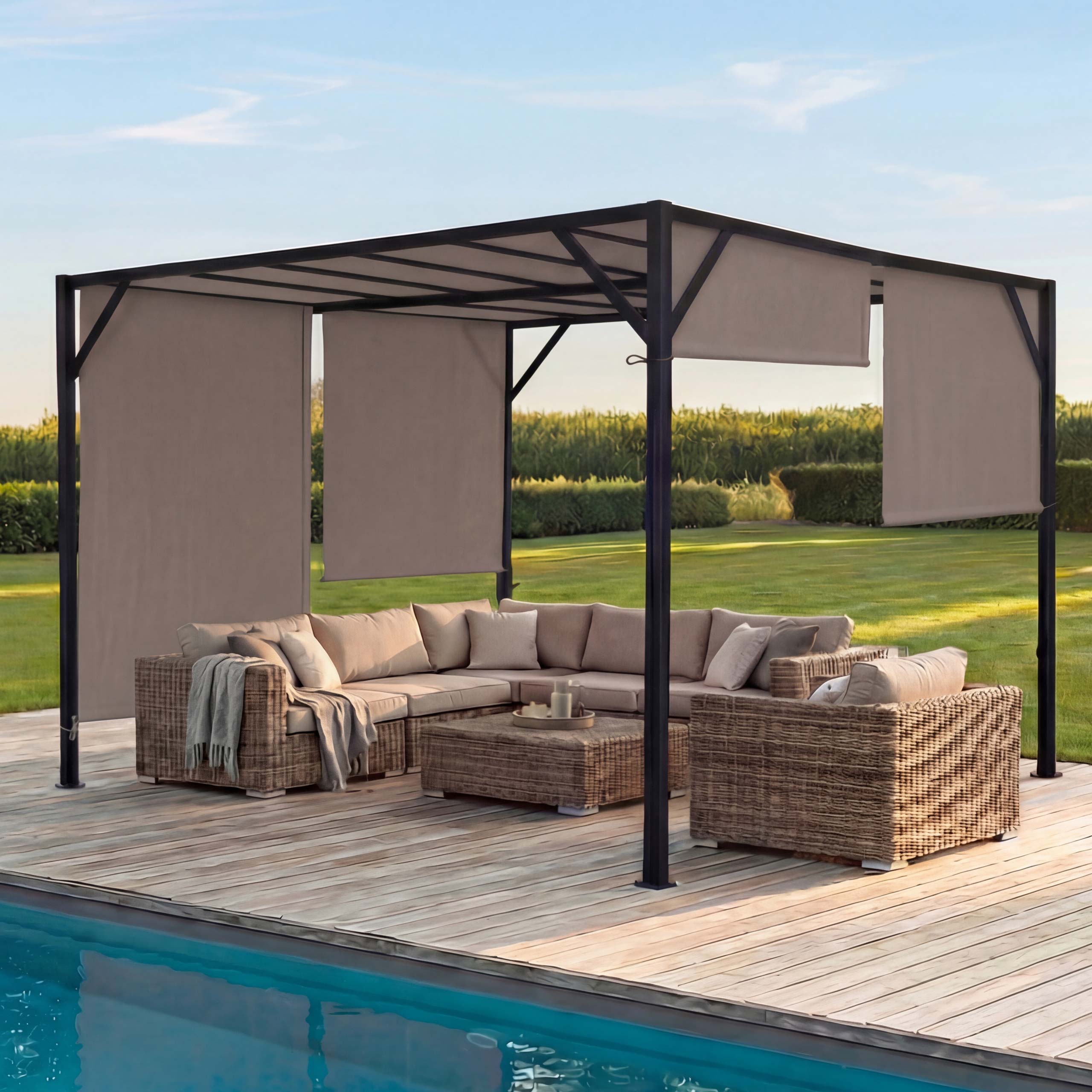 Pergola Beja, Garten Pavillon Terrassen&uuml;berdachung, stabiles 6cm-Stahl-Gestell + Schiebedach taupe ~ 4x4m 