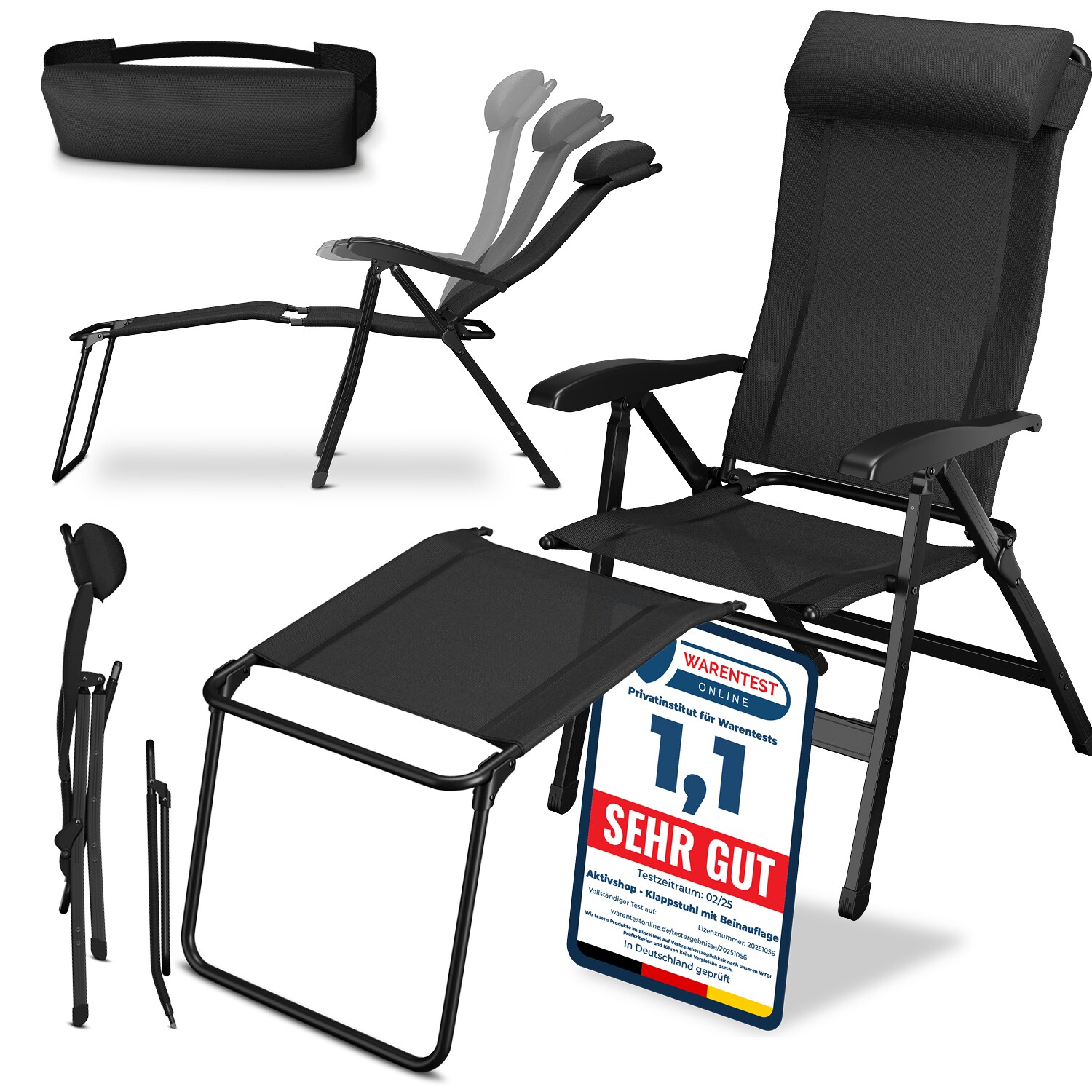 ELONEO Campingstuhl faltbarer Klappstuhl Liegestuhl mit Beinauflage, schwarz 