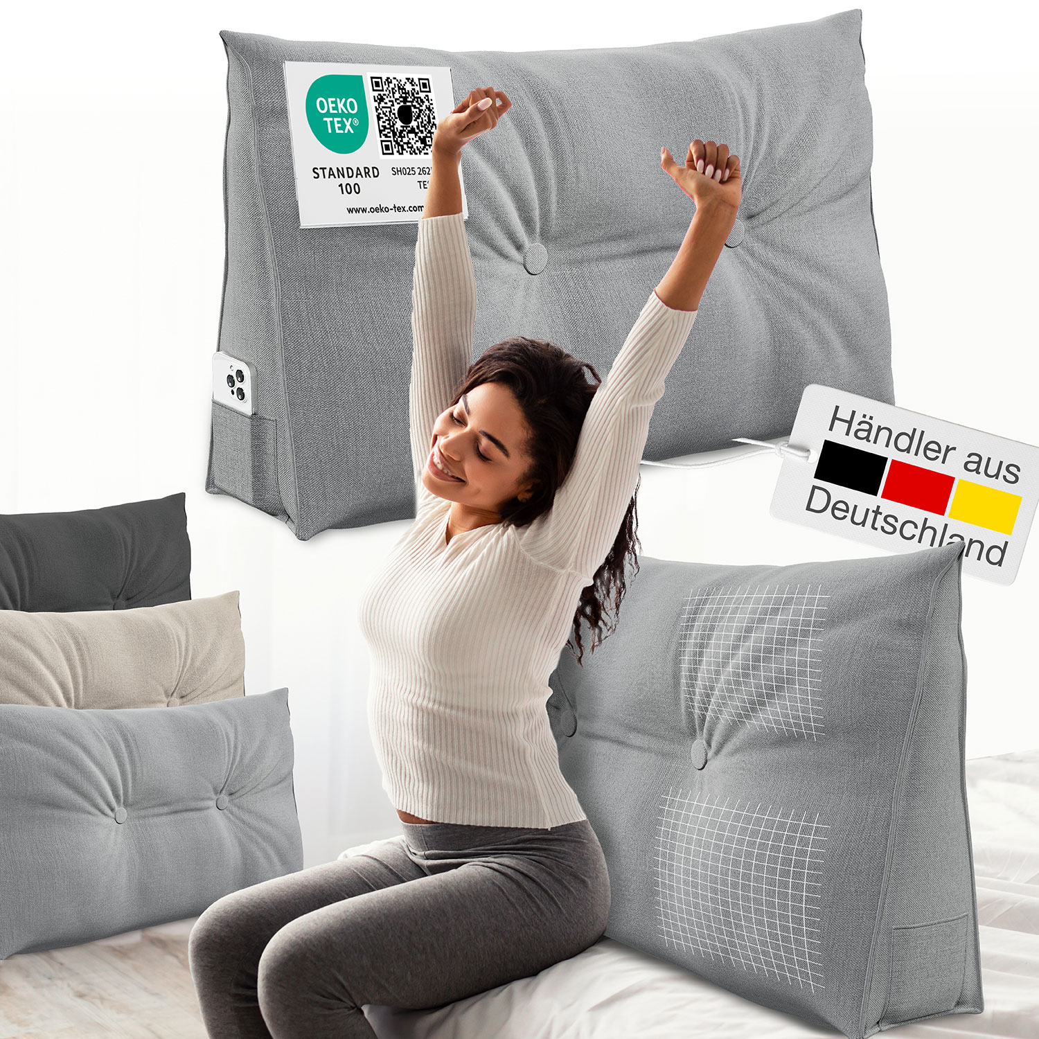 ELONEO R&uuml;ckenkissen Bett- und R&uuml;ckenst&uuml;tzkissen >Grau< 70cm 