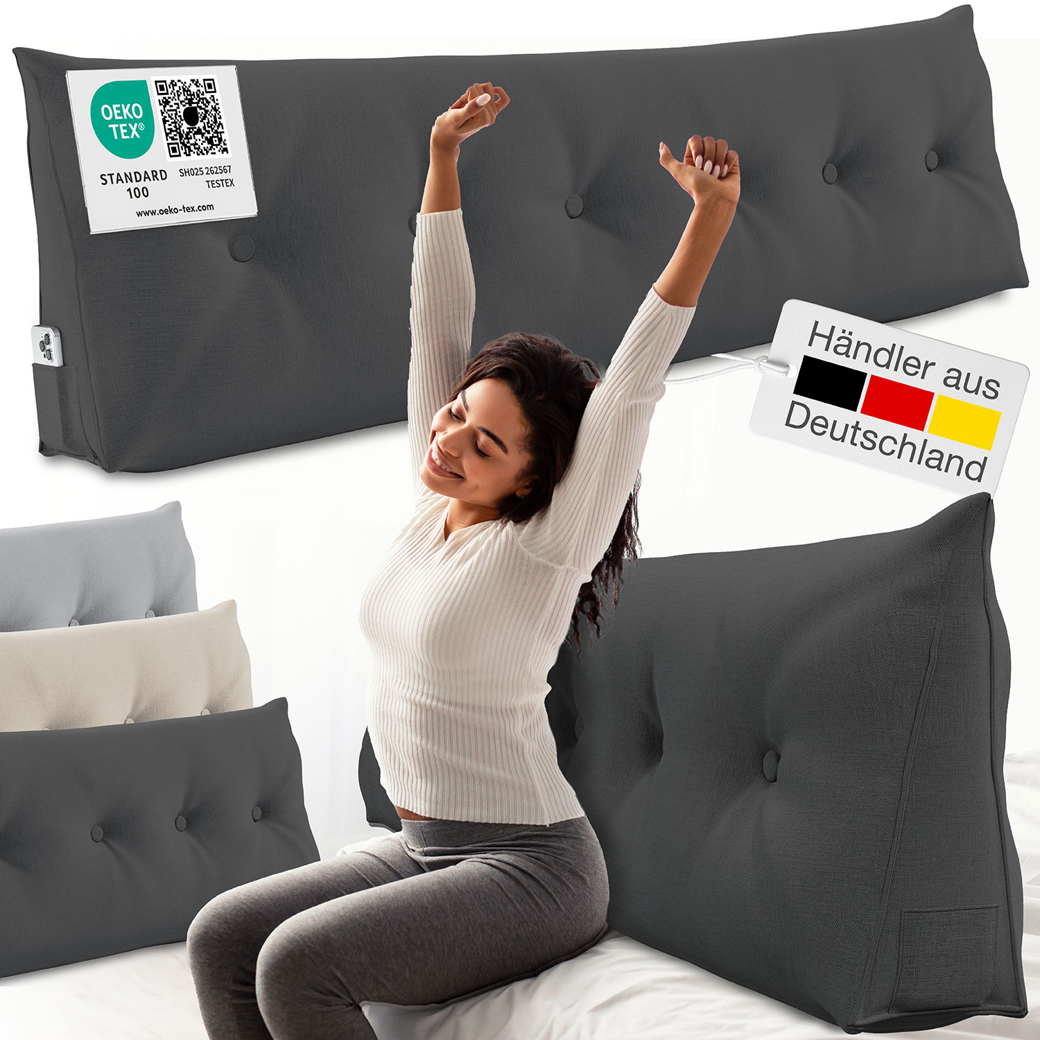 ELONEO R&uuml;ckenkissen Bett- und R&uuml;ckenst&uuml;tzkissen >Anthrazit< 160cm - Bild 1