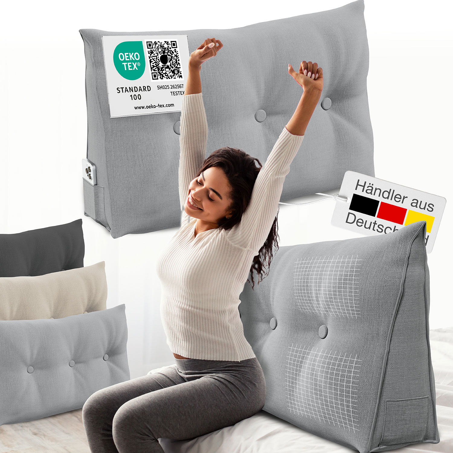 ELONEO R&uuml;ckenkissen Bett- und R&uuml;ckenst&uuml;tzkissen >Grau< 100cm 