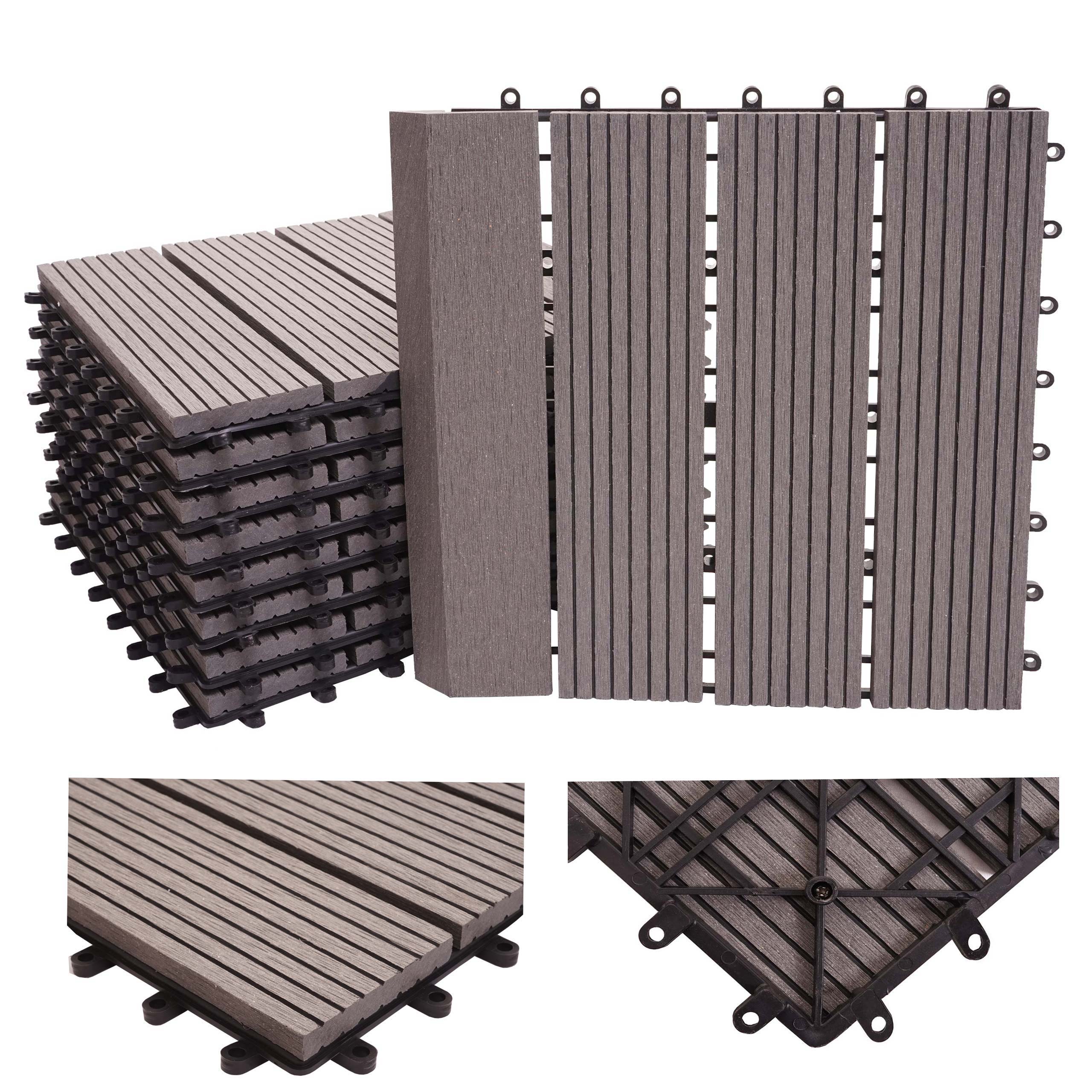 WPC Bodenfliese Sarthe + Abschluss, Holzoptik Balkon/Terrasse, 11x je 30x30cm = 1qm Premium ~ grau linear senkrecht 