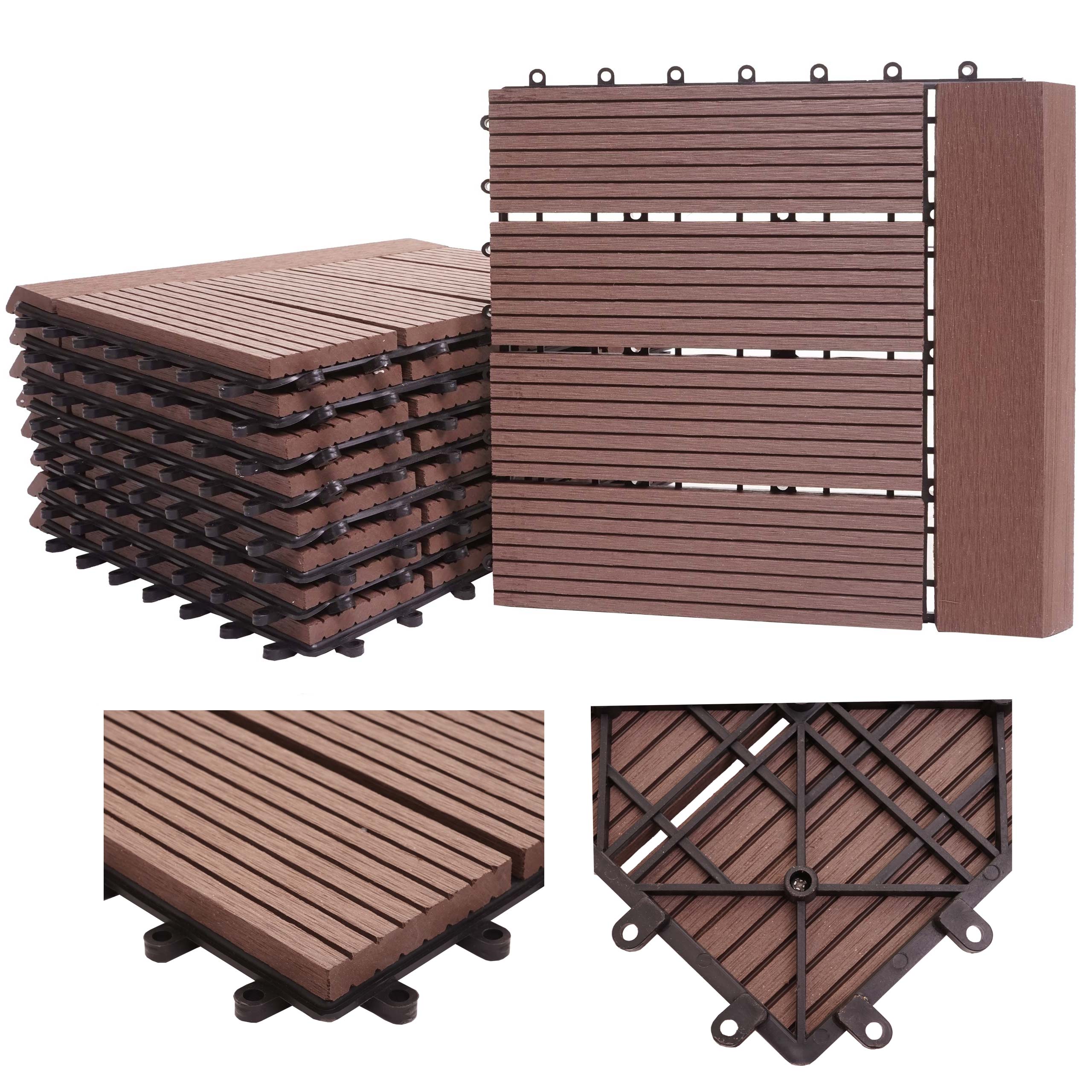 WPC Bodenfliese Sarthe + Abschluss, Holzoptik Balkon/Terrasse, 11x je 30x30cm = 1qm Premium ~ coffee linear waagrecht 