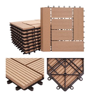 WPC Bodenfliese Sarthe + Abschluss, Holzoptik Balkon/Terrasse, 11x je 30x30cm = 1qm Premium ~ teak versetzt 