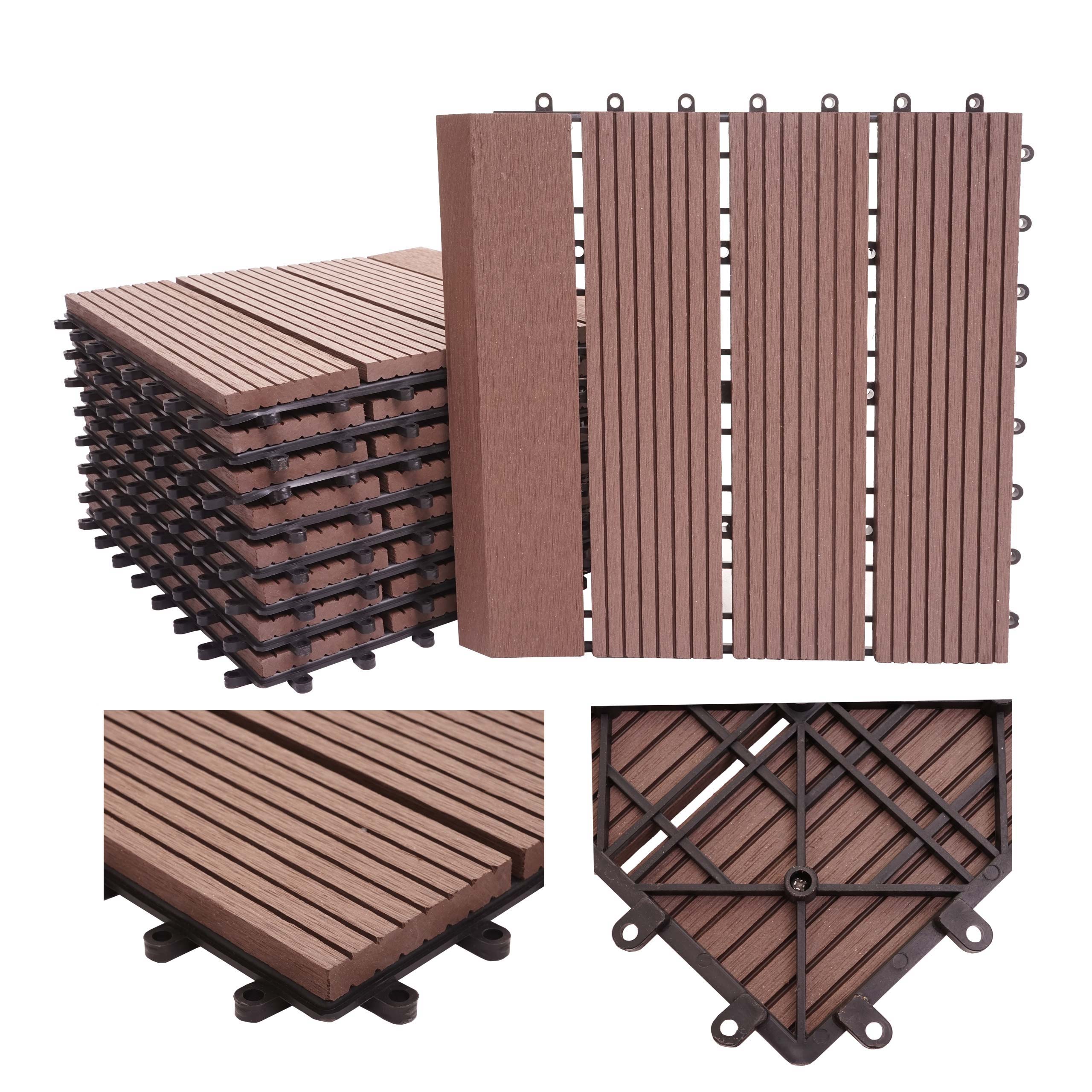 WPC Bodenfliese Sarthe + Abschluss, Holzoptik Balkon/Terrasse, 11x je 30x30cm = 1qm Premium ~ coffee linear senkrecht 