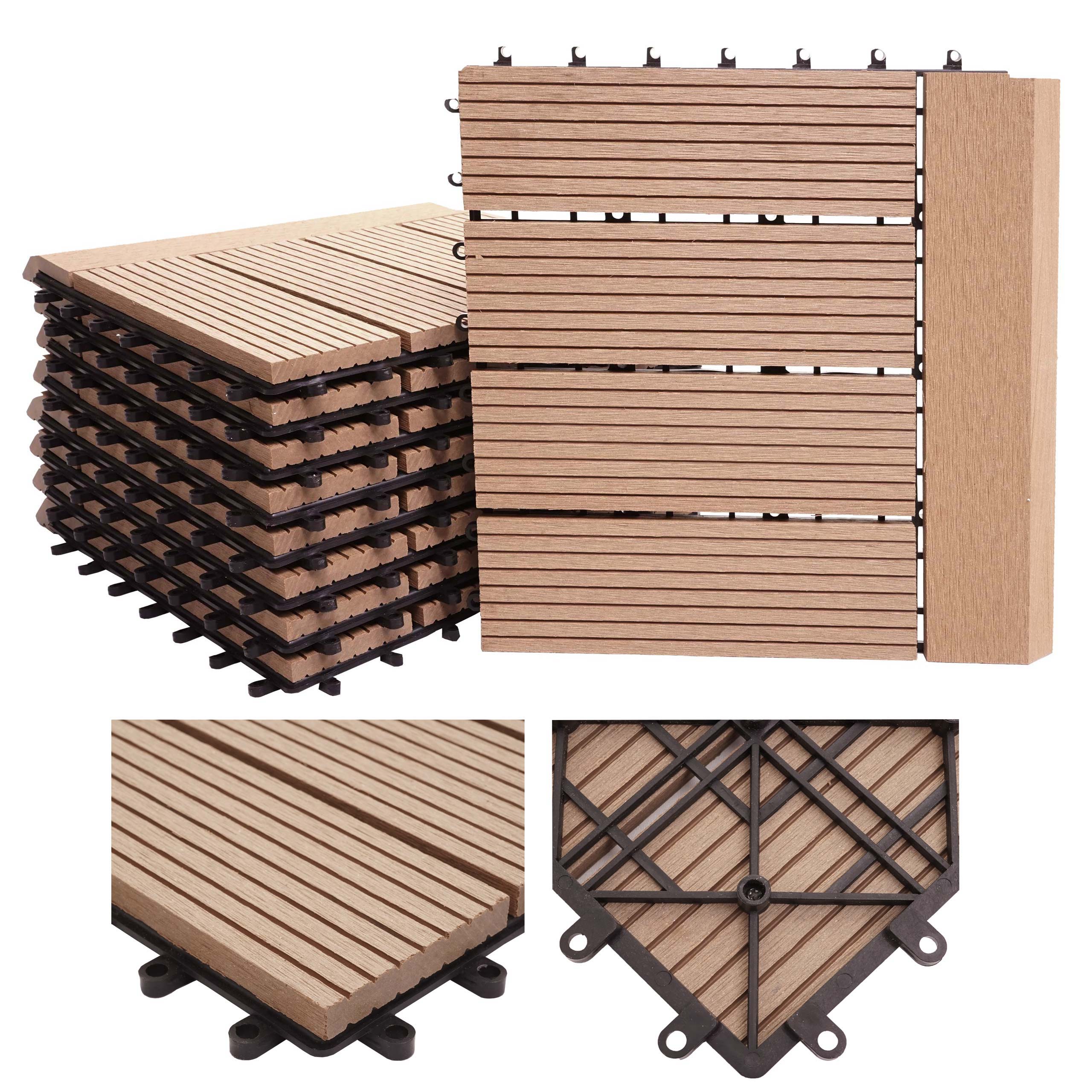 WPC Bodenfliese Sarthe + Abschluss, Holzoptik Balkon/Terrasse, 11x je 30x30cm = 1qm Premium ~ teak linear waagrecht 