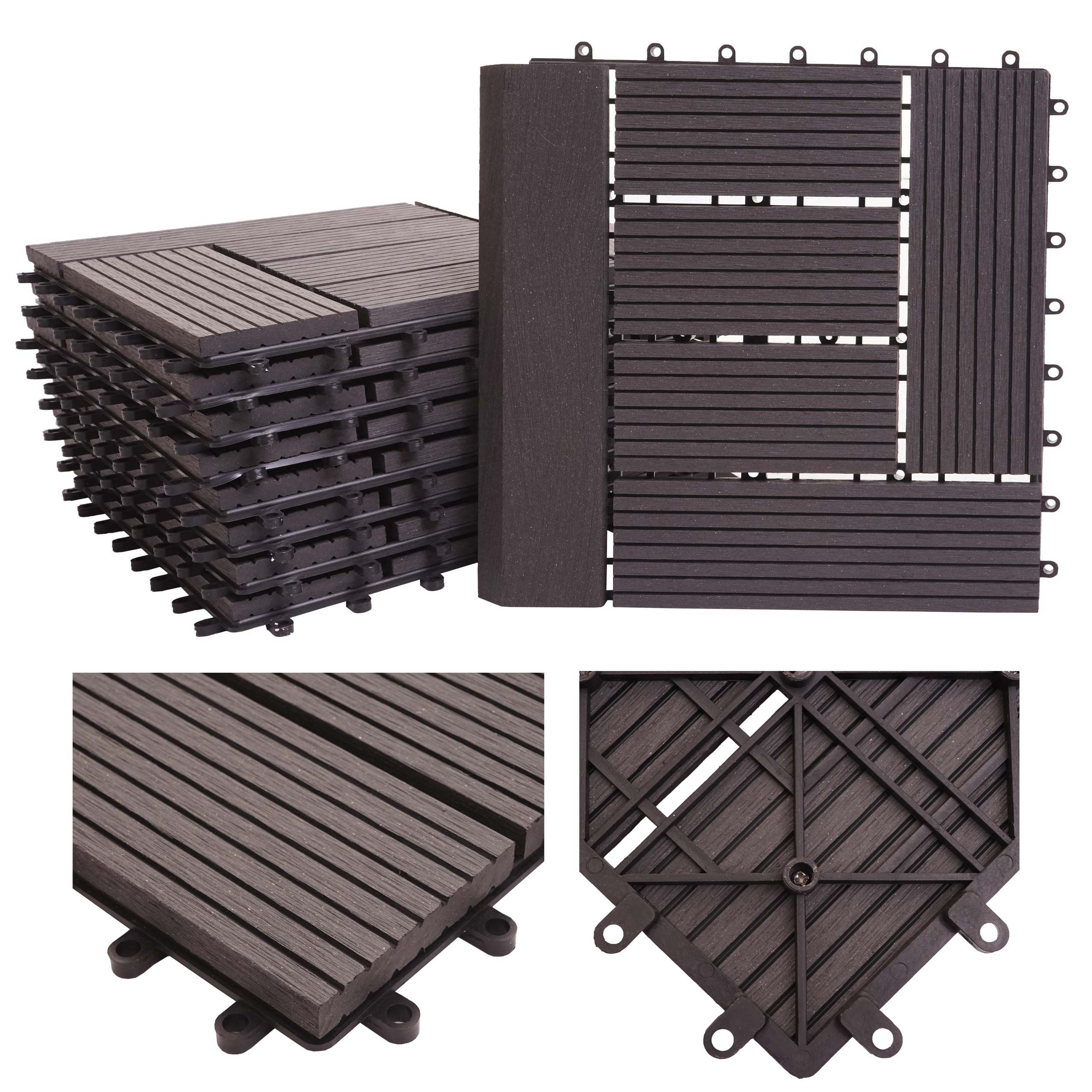 WPC Bodenfliese Sarthe + Abschluss, Holzoptik Balkon/Terrasse, 11x je 30x30cm = 1qm Premium ~ anthrazit versetzt 