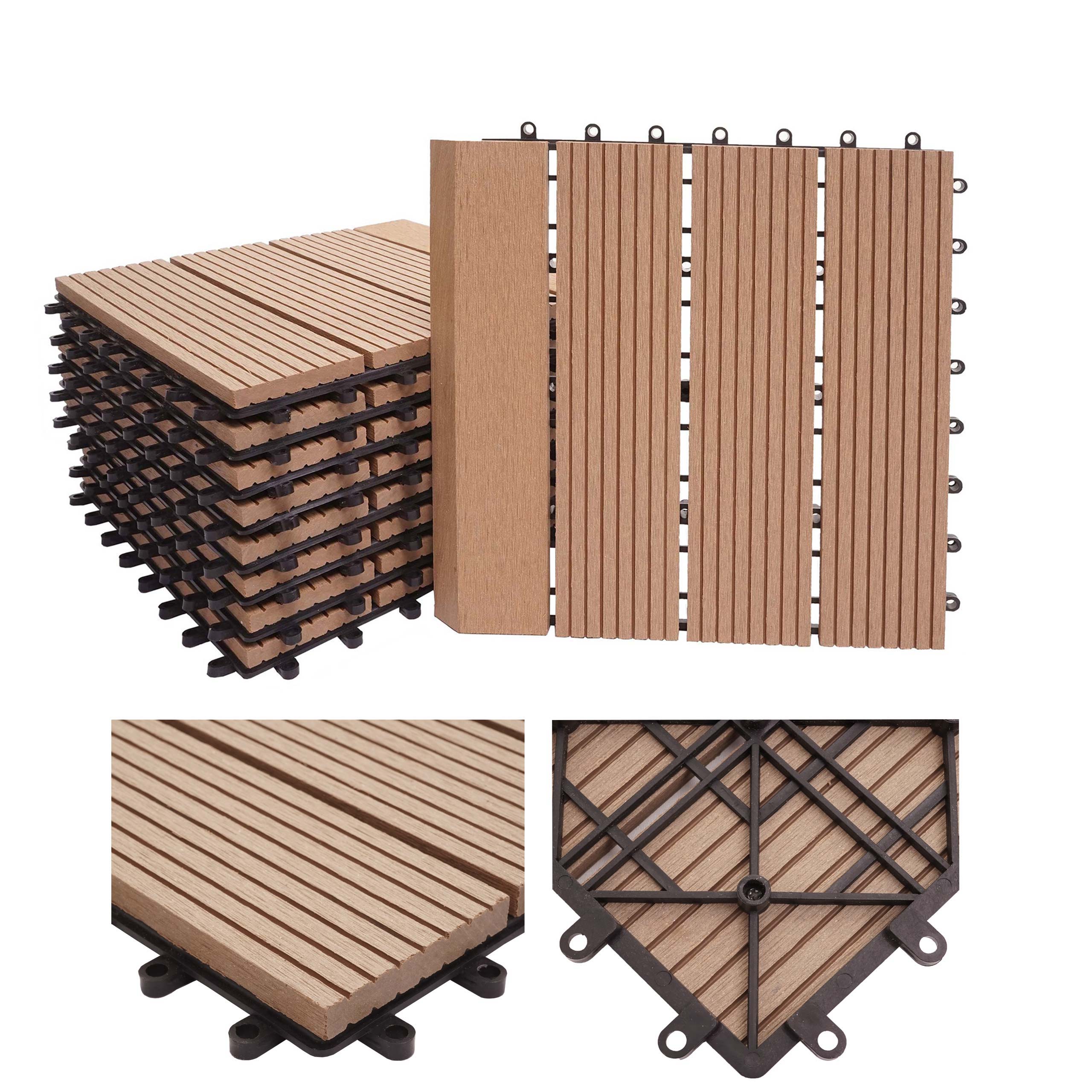 WPC Bodenfliese Sarthe + Abschluss, Holzoptik Balkon/Terrasse, 11x je 30x30cm = 1qm Premium ~ teak linear senkrecht 