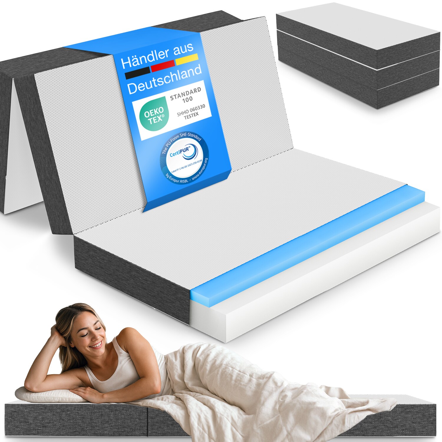 ELONEO Klappmatratze G&auml;stematratze &raquo;Deluxe&laquo; mit 4 cm Visko, 140x200x15cm, 15cm dick, wei&szlig;/grau 