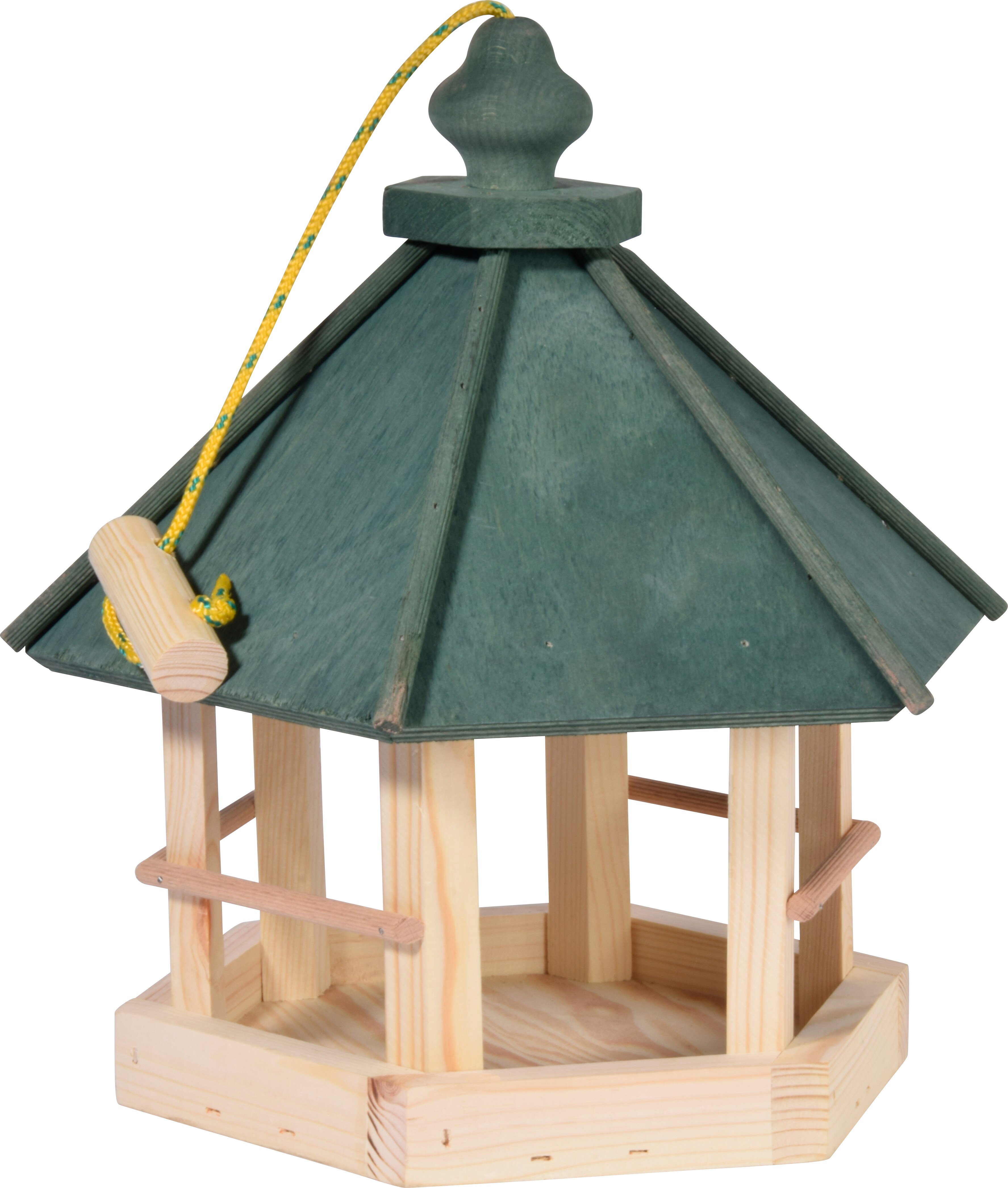 Klassisches Vogelhaus zum Aufh&auml;ngen, 6-eckiges Futterhaus mit Kordel, Kiefer, Gr&uuml;n 