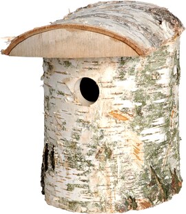 Naturbelassener Birkenholz-Nistkasten, Nisthilfe für Wildvögel, Loch Ø 32 mm, 14 x 14 x 22 cm, Birke 