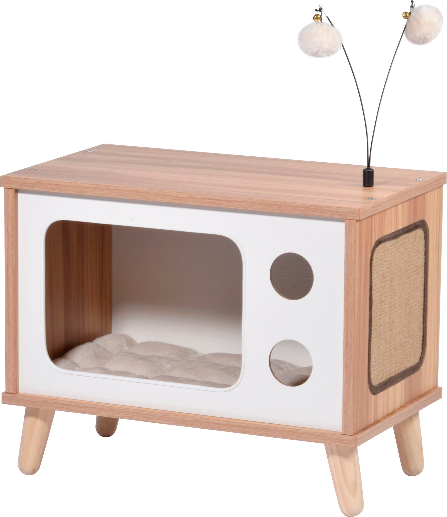 Katzenhöhle TV-Design mit Spielbällen, Jute-Fläche & Plüschkissen