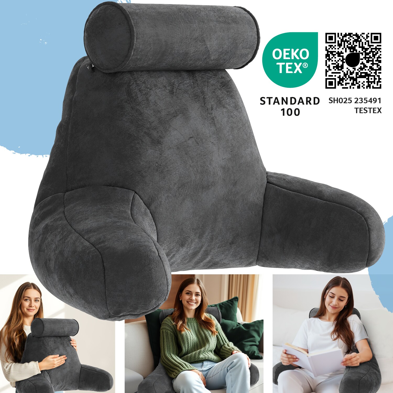 ELONEO R&uuml;ckenkissen, Lesekissen f&uuml;r Bett und Sofa mit Armlehnen und Abnehmbarer Nackenrolle &ndash; Ideal als R&uuml;ckenst&uuml;tze f&uuml;r mehr Halt und Komfort von R&uuml;cken, Kopf und Nacken, Grau 