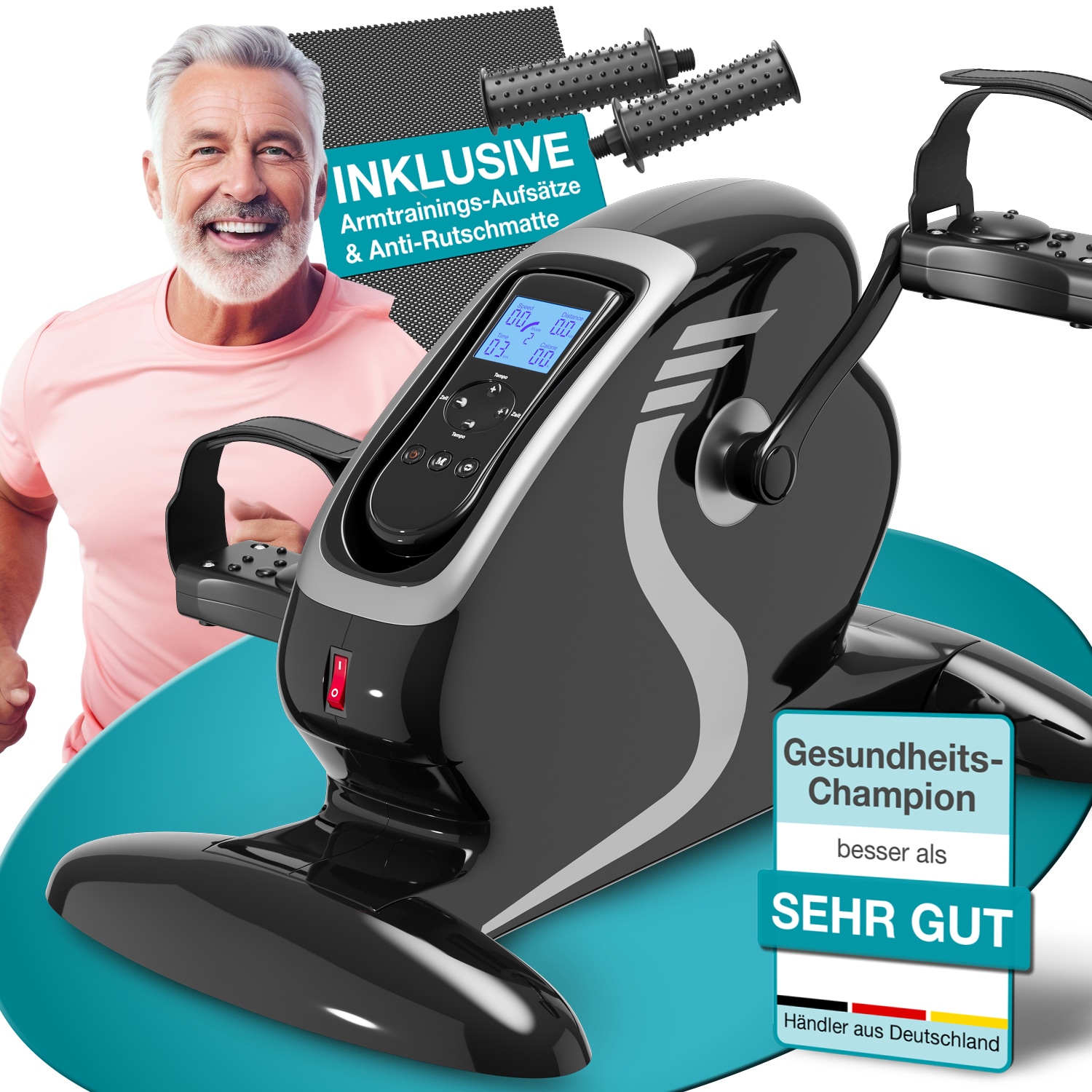 ELONEO 2in1 Arm- und Beintrainer, Elektro-Mini-Heimtrainer 3.0, Pdealtrainer mit Motor, inkl. Trainingsdisplay, Massage-Handgriffe Anti-Rutschmatt 