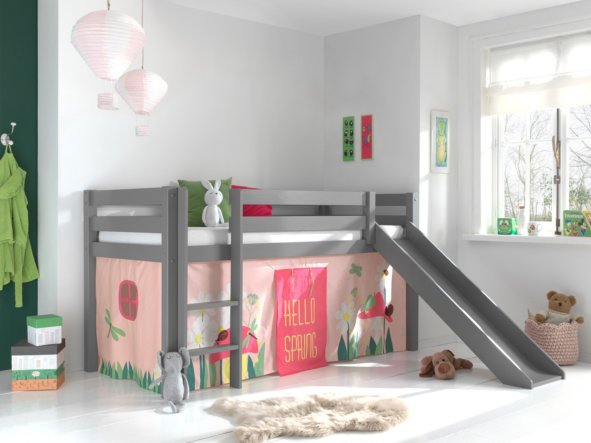 Spielbett Pino inkl. Rutsche mit Textilset Vorhang versch. Designs 