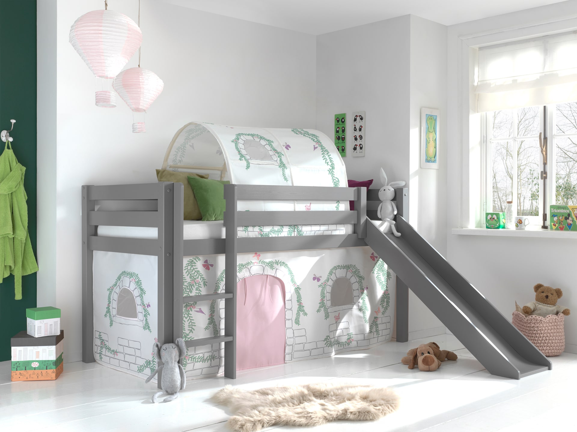 Spielbett Pino inkl. Rutsche mit Textilset Vorhang und Tunnel versch. Designs 