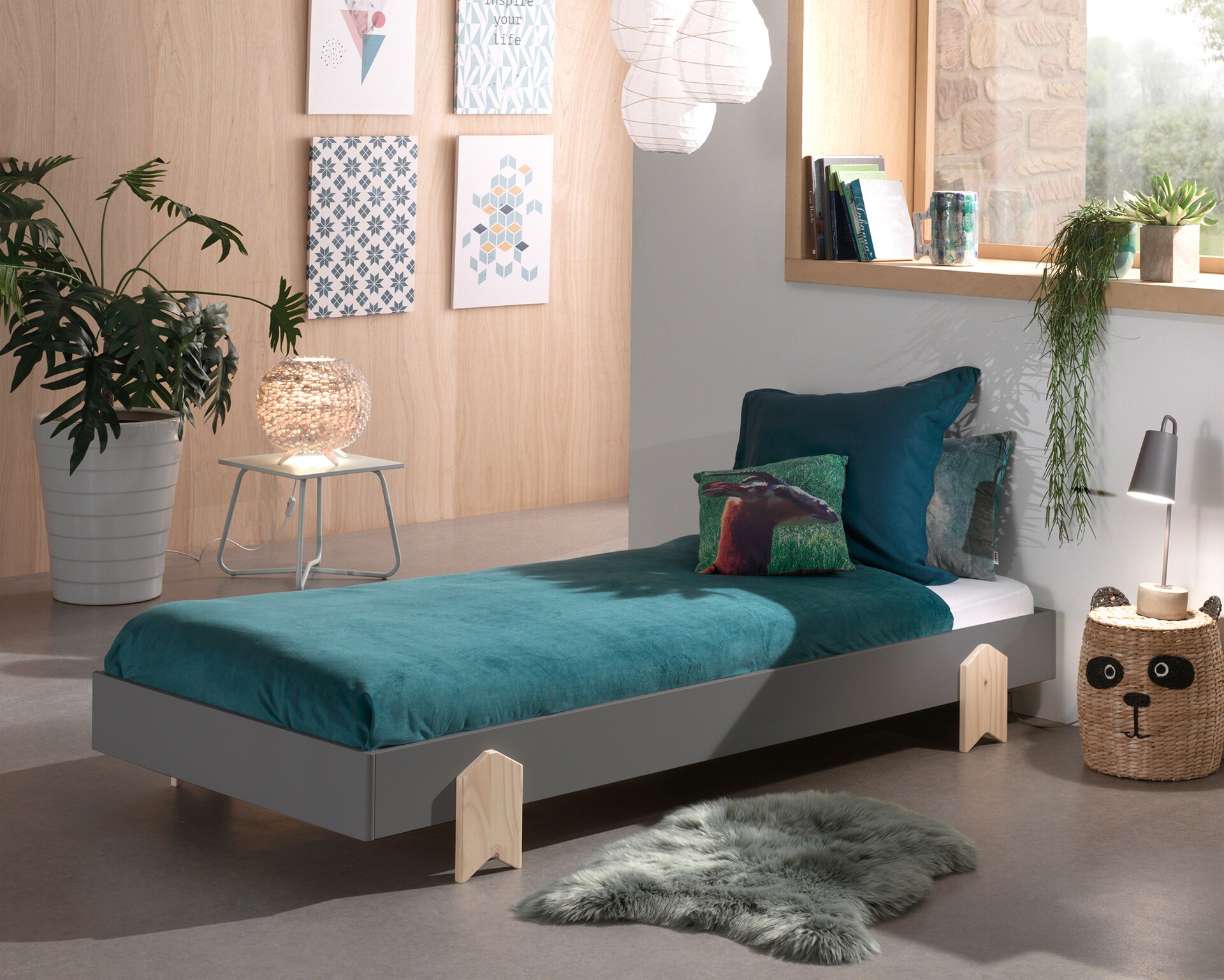 Modulo Einzelbett/Stapelbett 90 x 200 cm Liegefl&auml;che, grau lackiert, versch. Ausf&uuml;hrungen 