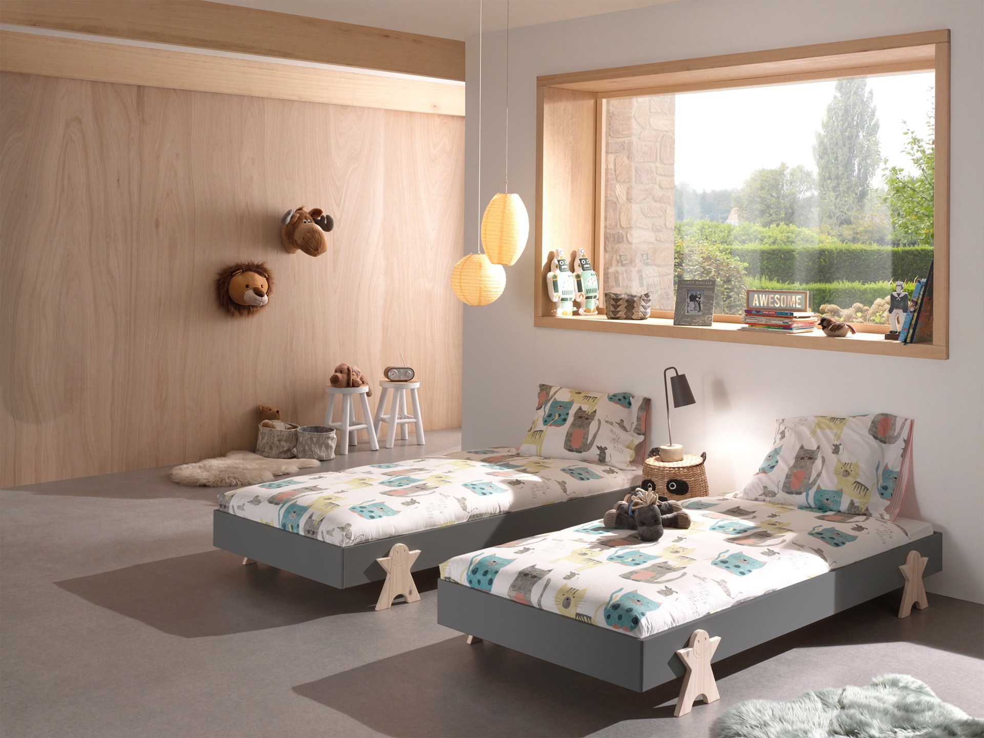 Modulo Art. Set best. aus 2 Einzelbetten/Stapelbetten je 90 x 200 cm Liegefl&auml;che, grau lackiert, versch. Ausf&uuml;hrungen 