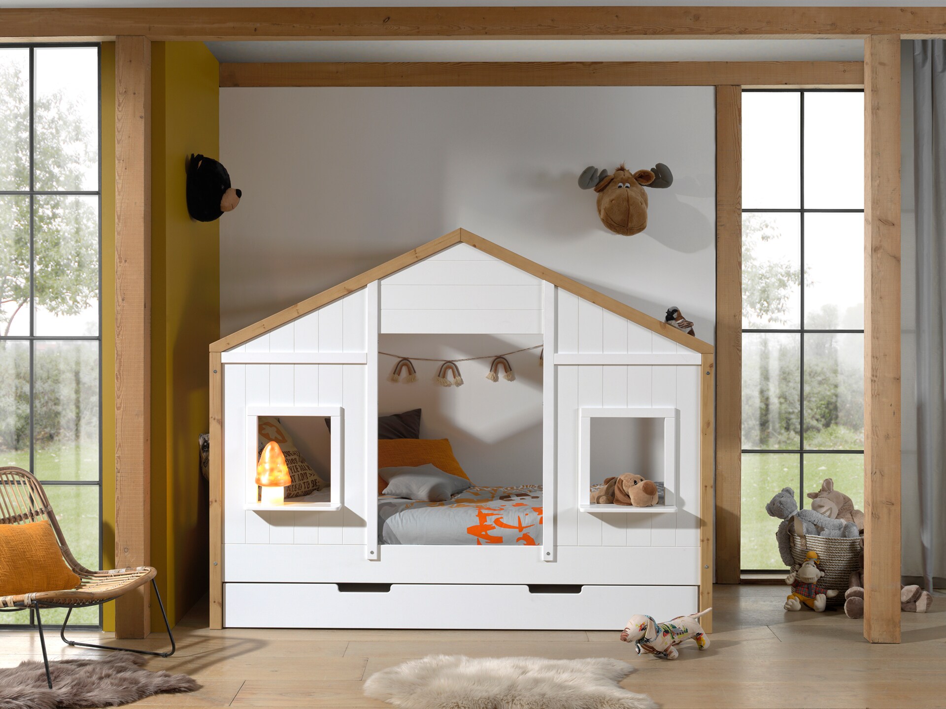 Landhausbett BABS mit Liegefl&auml;che 90 x 200 cm, inkl. Lattenrost und Bettschublade, Ausf. teilmassiv Kiefer, Farbe Oak/Wei&szlig; 