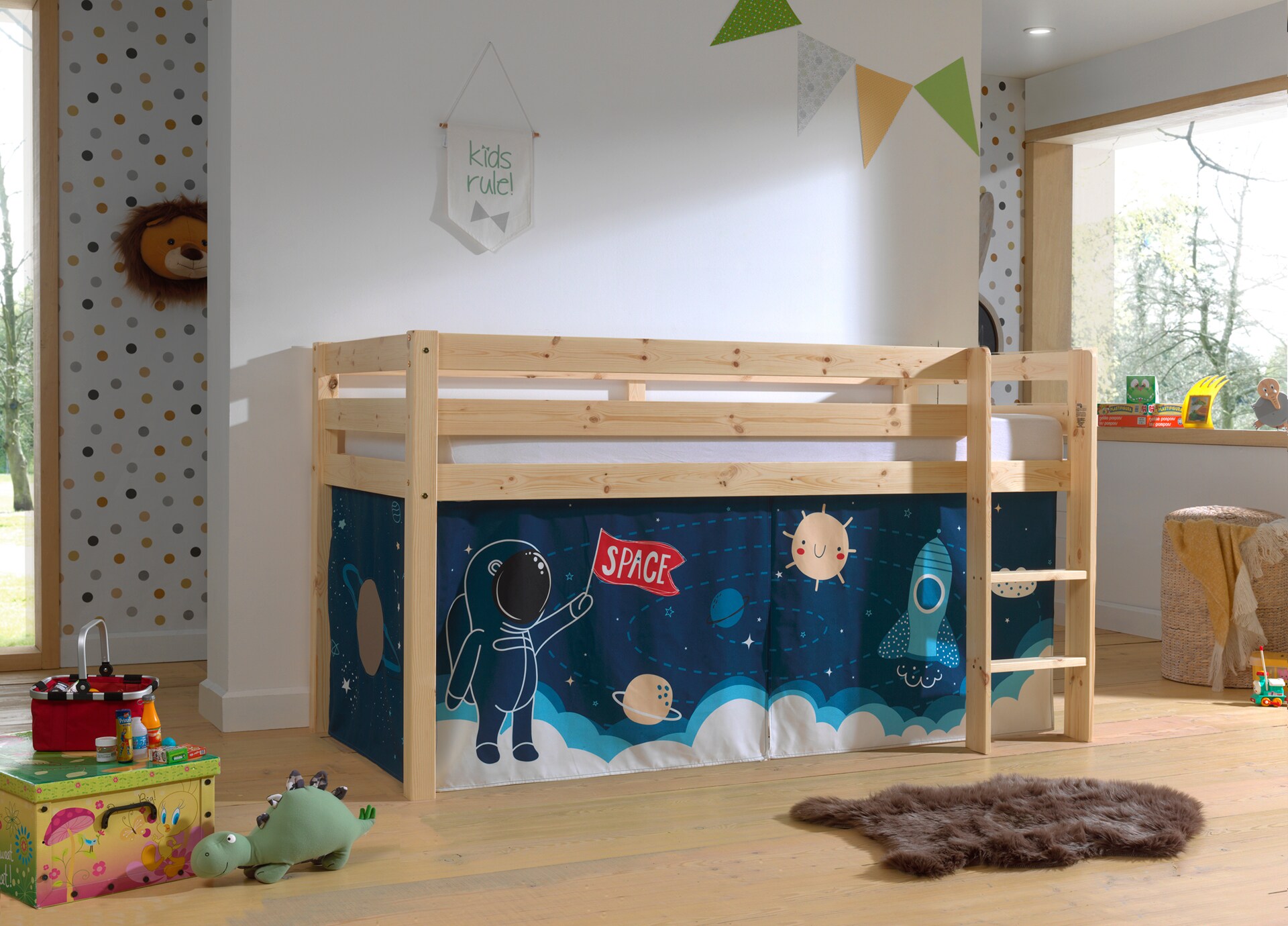 Halbhohes Bett PINO, mit Textilset "Space Shuttle", Ausf. Kiefer massiv versch. Farben 