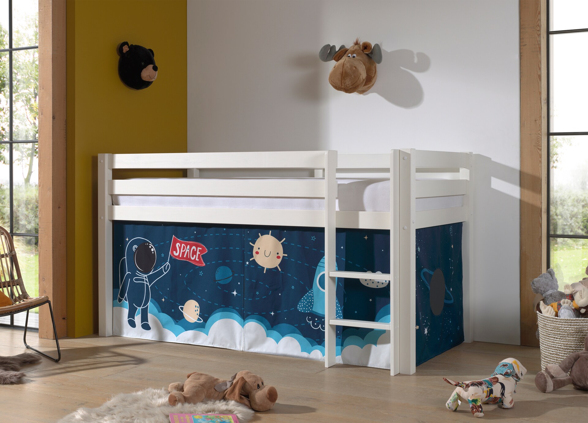 Halbhohes Bett PINO, mit Textilset "Space Shuttle", Ausf. Kiefer massiv versch. Farben 
