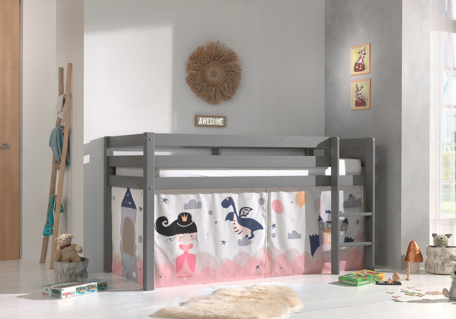 Halbhohes Bett PINO, mit Textilset "Princess Sophie", Ausf. Kiefer massiv versch. Farben 