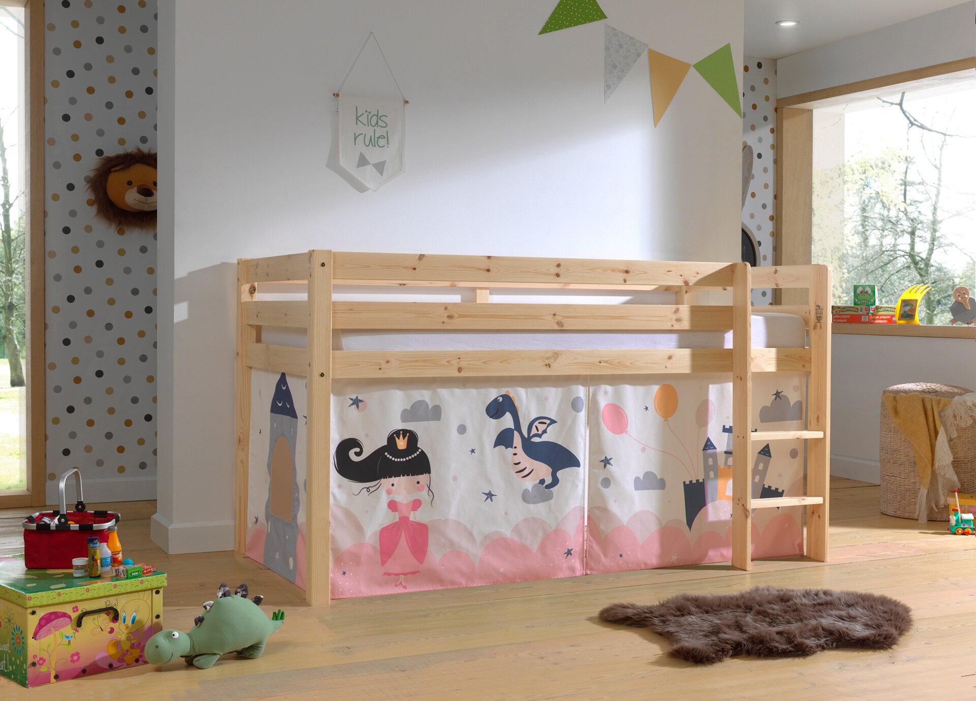 Halbhohes Bett PINO, mit Textilset "Princess Sophie", Ausf. Kiefer massiv versch. Farben 