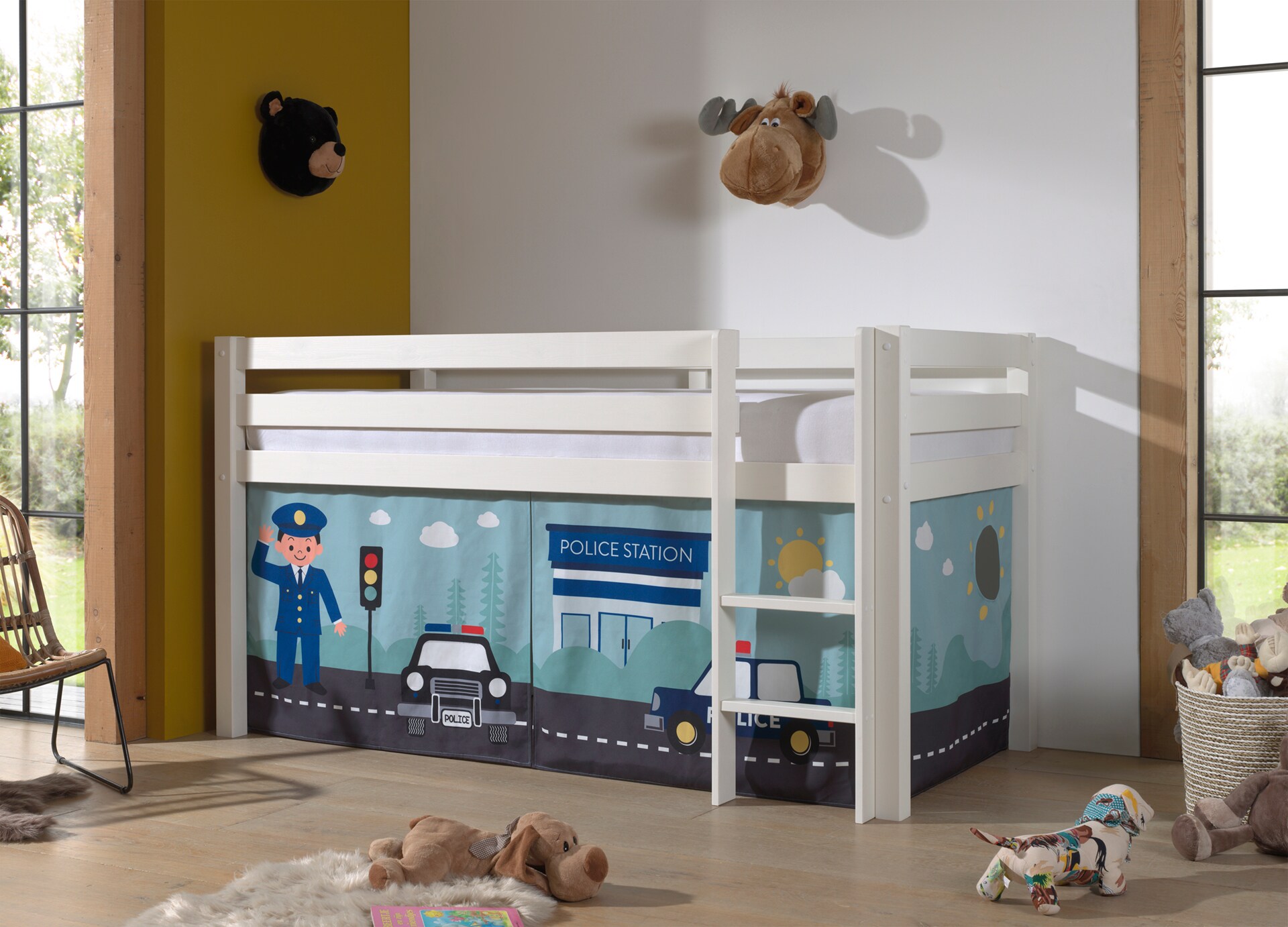 Halbhohes Bett PINO, mit Textilset "Police", Ausf. Kiefer massiv versch. Farben 