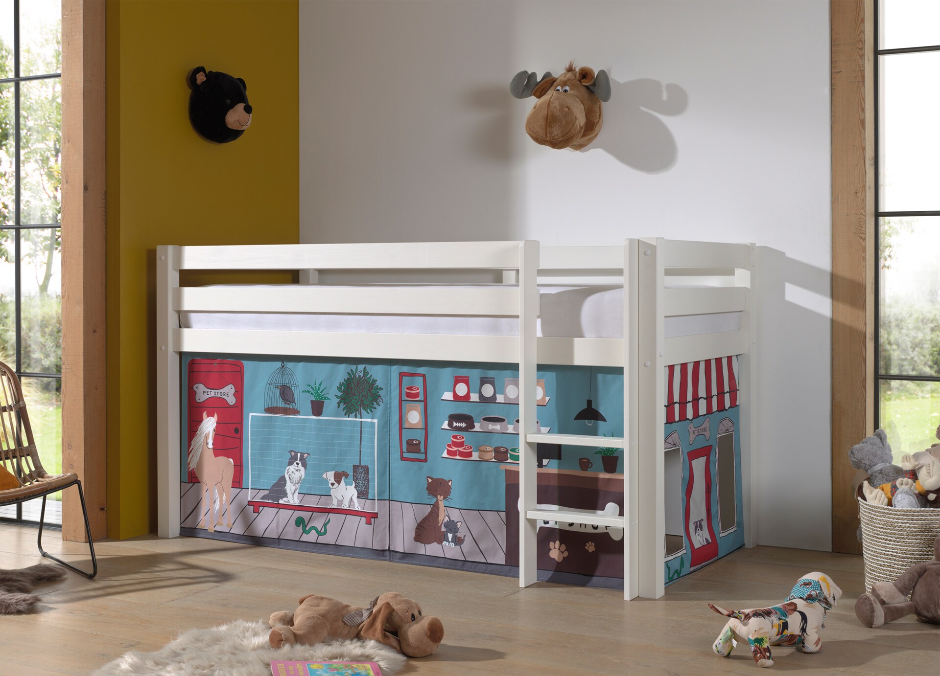 Halbhohes Bett PINO, mit Textilset "Pet Shop", Ausf. Kiefer massiv versch. Farben 