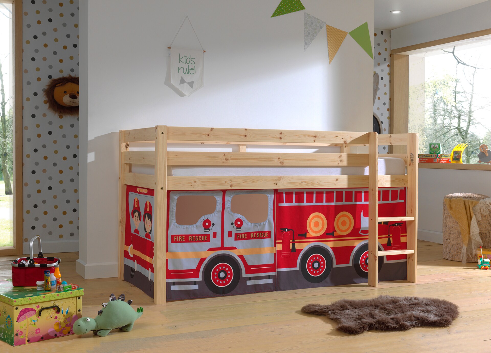 Halbhohes Bett PINO, mit Textilset "FIRE RESCUE", Ausf. Kiefer massiv versch. Farben 