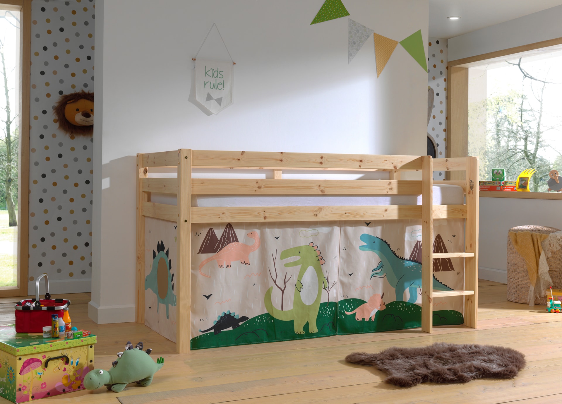 Halbhohes Bett PINO, mit Textilset "Dino", Ausf. Kiefer massiv versch. Farben 