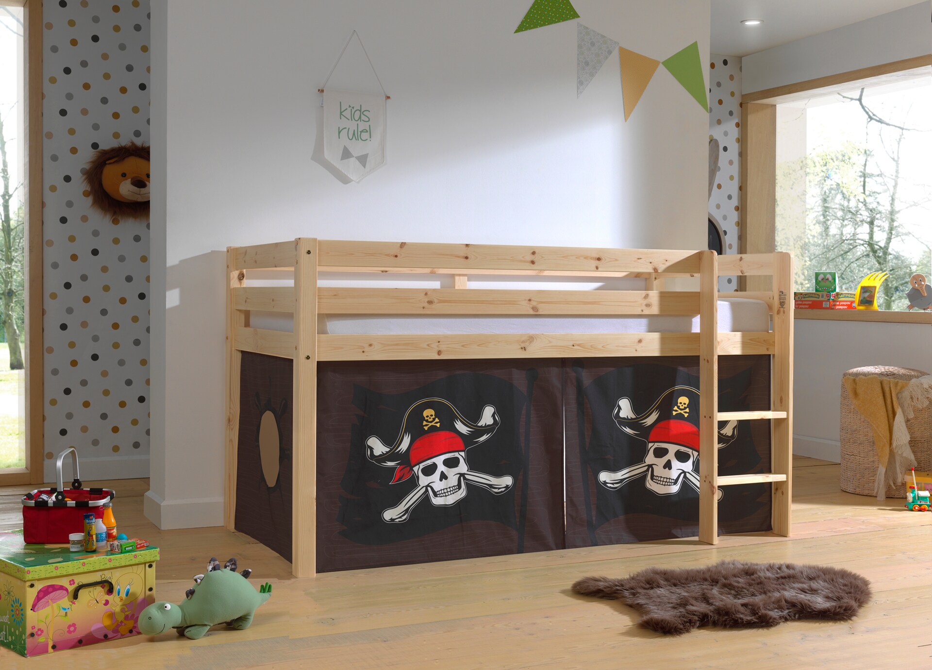 Halbhohes Bett PINO, mit Textilset "Caribian Pirate", Ausf. Kiefer massiv versch. Farben 