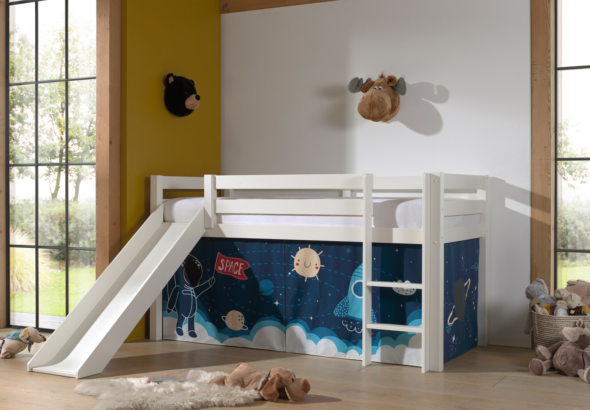 Halbhohes Bett PINO, mit Rutsche und Textilset "Space Shuttle", Ausf. Kiefer massiv versch. Farben 