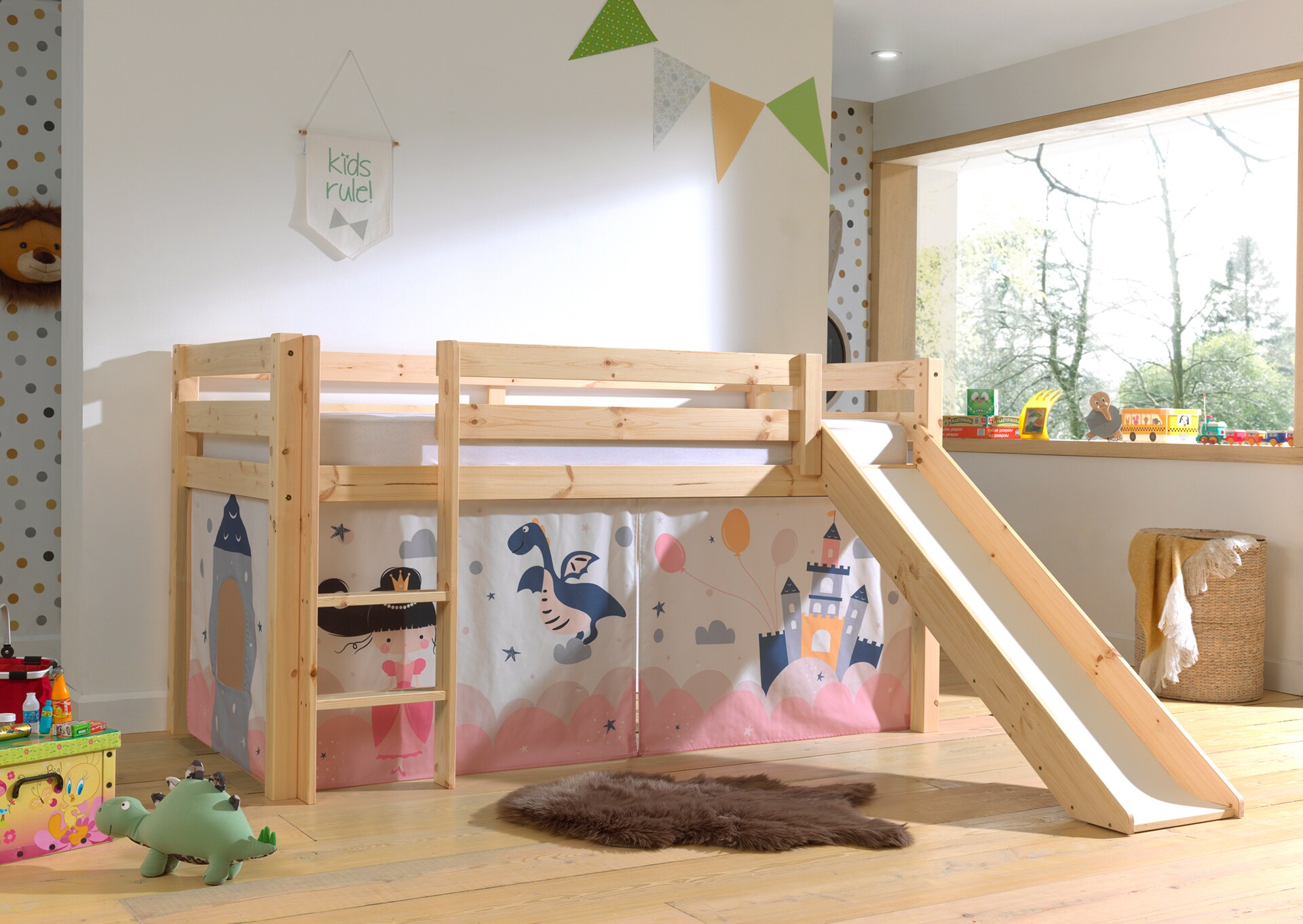 Halbhohes Bett PINO, mit Rutsche und Textilset "Princess Sophie", Ausf. Kiefer massiv versch. Farben 