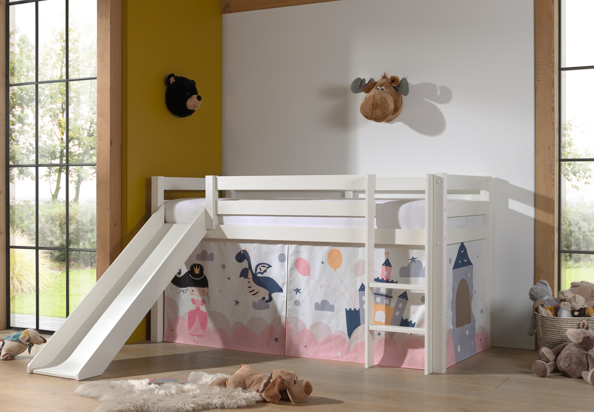 Halbhohes Bett PINO, mit Rutsche und Textilset "Princess Sophie", Ausf. Kiefer massiv versch. Farben 