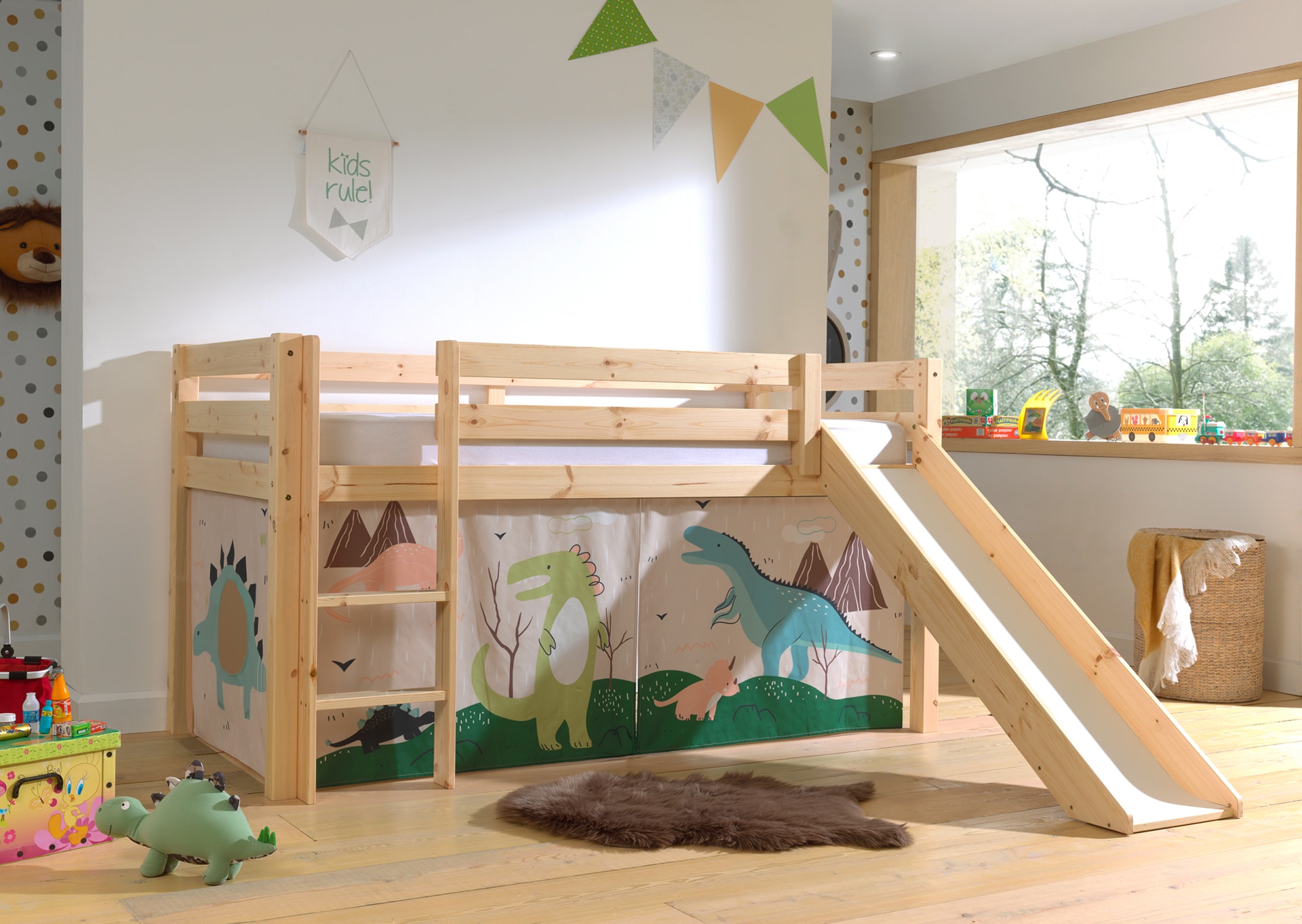 Halbhohes Bett PINO, mit Rutsche und Textilset "Dino", Ausf. Kiefer massiv versch. Farben 