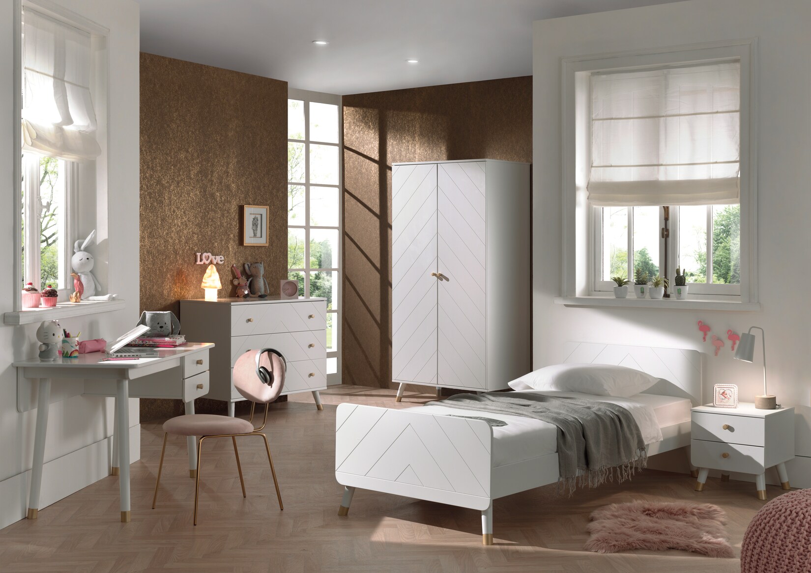 BILLY Jugendzimmer Set 4-tlg. best. aus: Bett 90 x 200 cm, Nachtkonsole, Schreibtisch und Schubladen Kommode