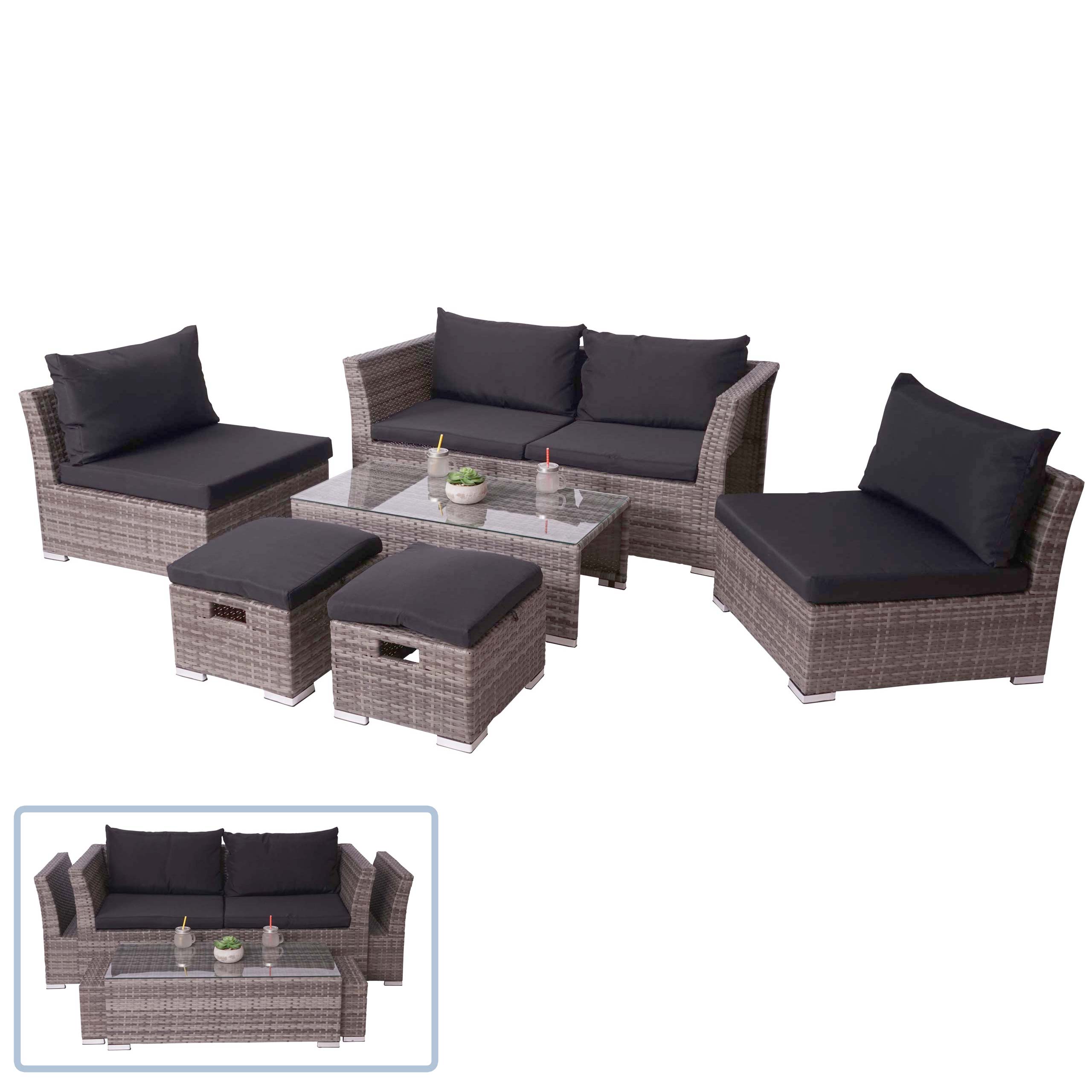 Poly-Rattan Garnitur MCW-J36, Balkon-/Garten-/Lounge-Set Sitzgruppe Sofa ~ grau, Kissen schwarz 