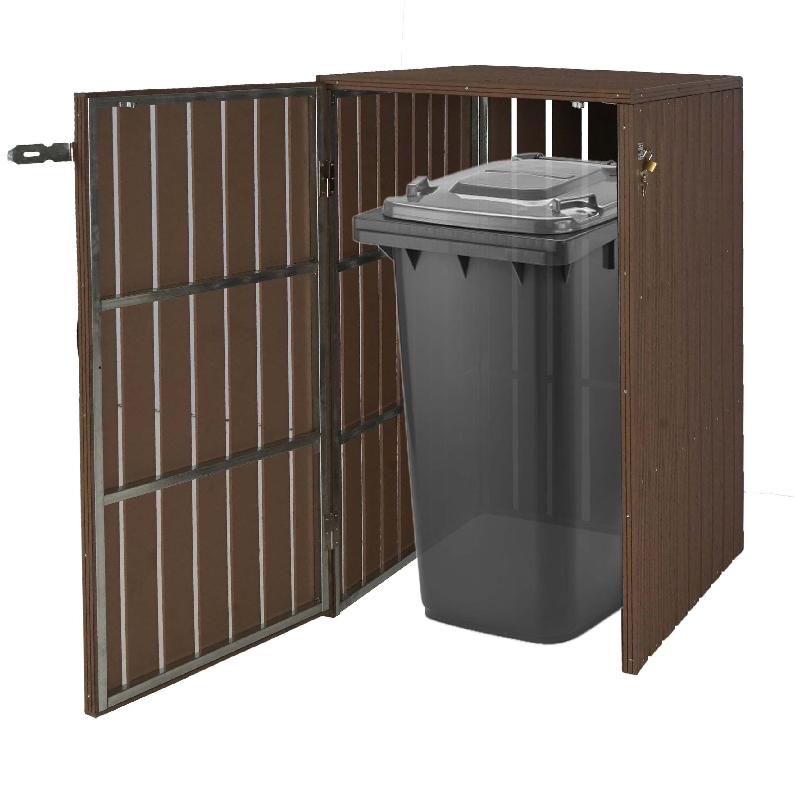 1er WPC-M&uuml;lltonnenverkleidung MCW-J28, M&uuml;lltonnenbox, Metall Holzoptik, erweiterbar 240l ~ braun 
