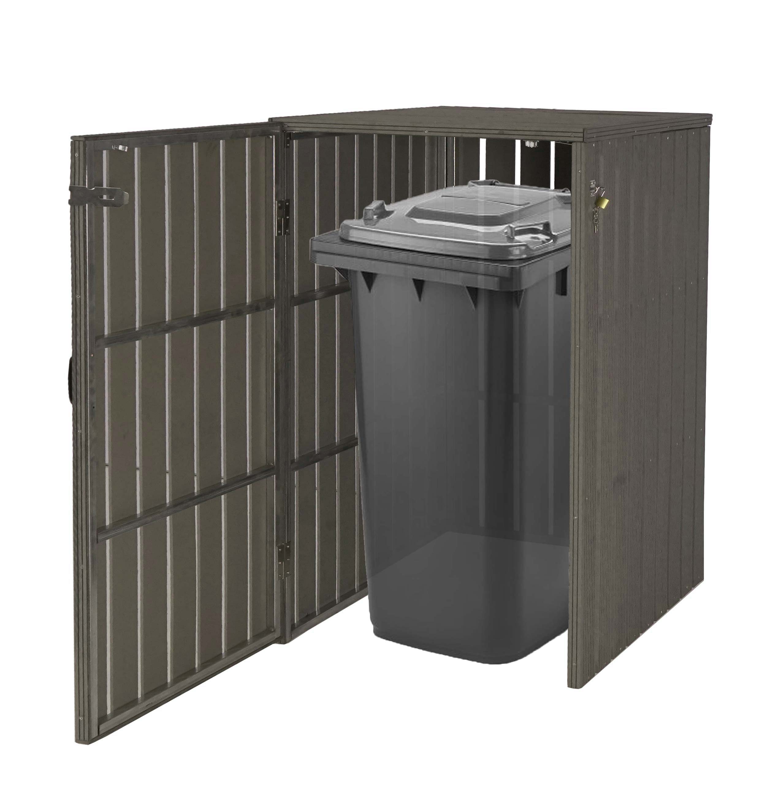 1er WPC-M&uuml;lltonnenverkleidung MCW-J28, M&uuml;lltonnenbox, Metall Holzoptik, erweiterbar 240l ~ grau 